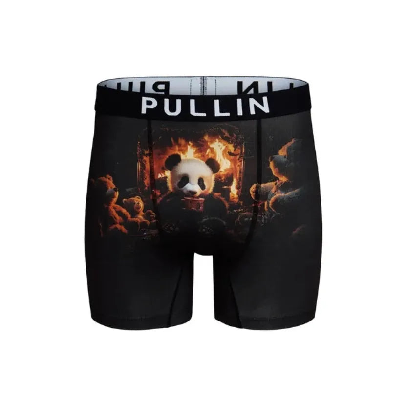 Black Pullin 2 PanPanda boxer shorts featuring a panda by fireplace print, wide elastic waistband, and flatlock seams for comfort.