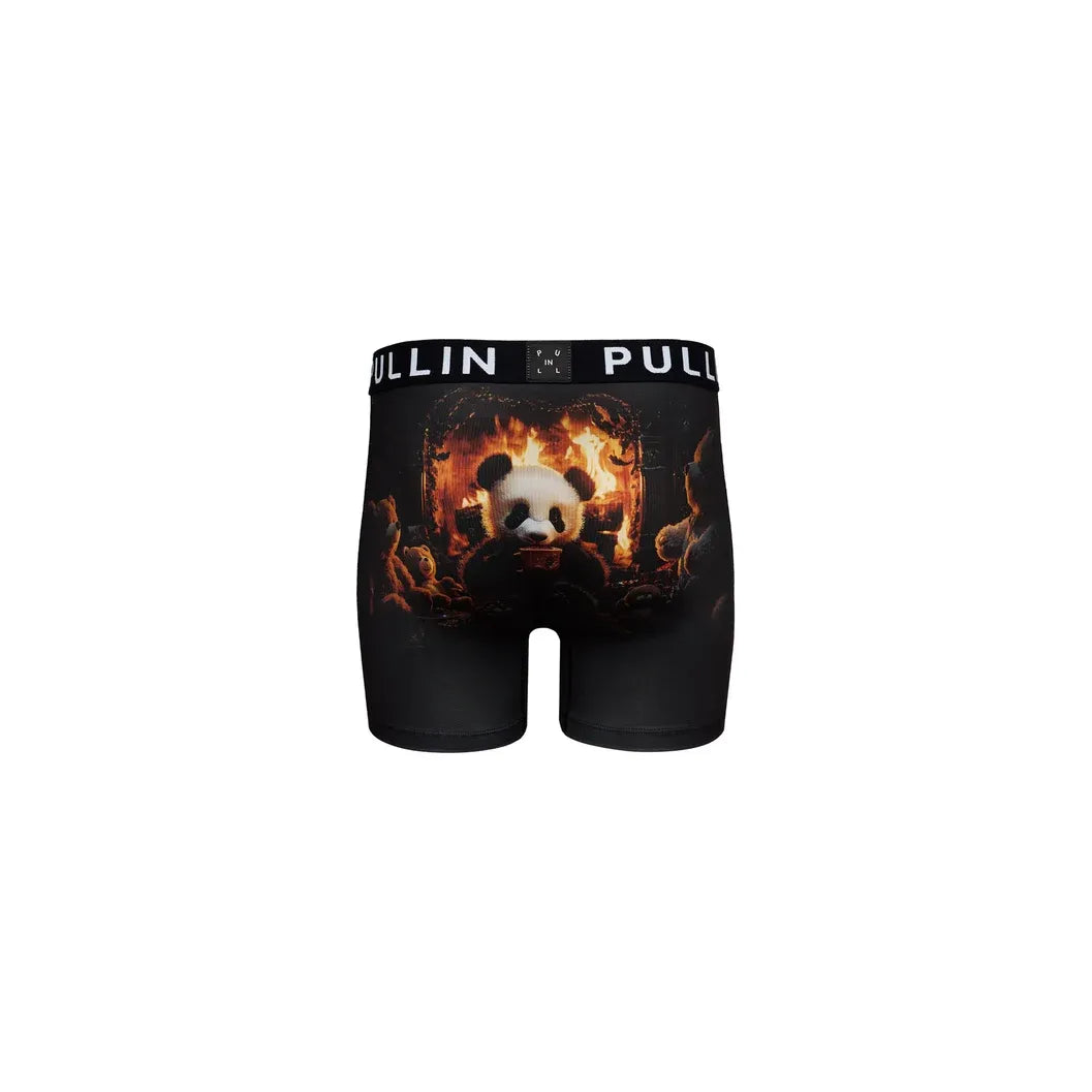 Black Pullin boxer shorts featuring a 2 PanPanda fireplace print, wide branded waistband, and flatlock seams for comfort.