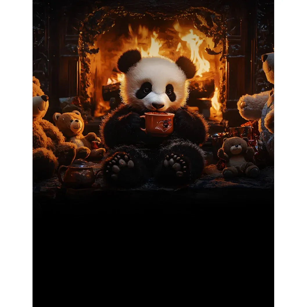 Cute panda holding a mug by a fireplace, surrounded by teddy bears, featuring PanPanda boxer short design.