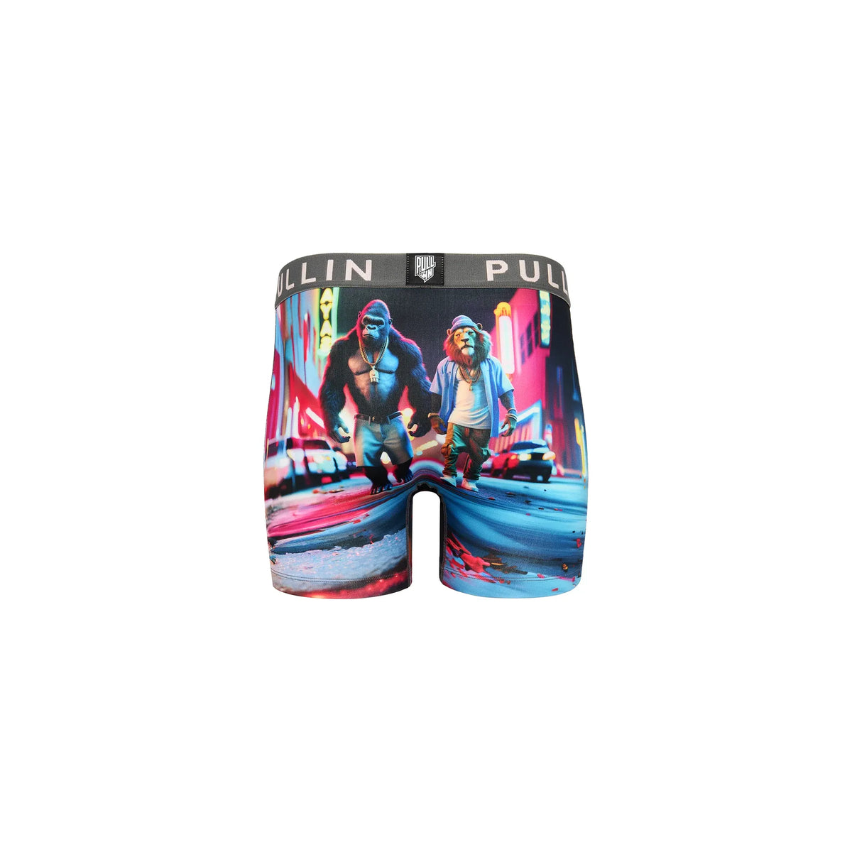 Pullin Fashion 2 Rapers Brief with neon gorilla city print, flatlock seams, wide 40mm elastic.