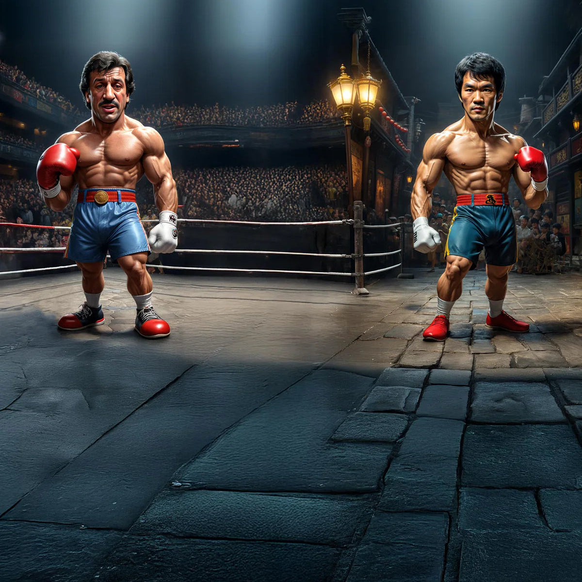 Pullin Fashion 2 Rocklee Brief boxer trunks on two muscular boxers in a crowded boxing ring.
