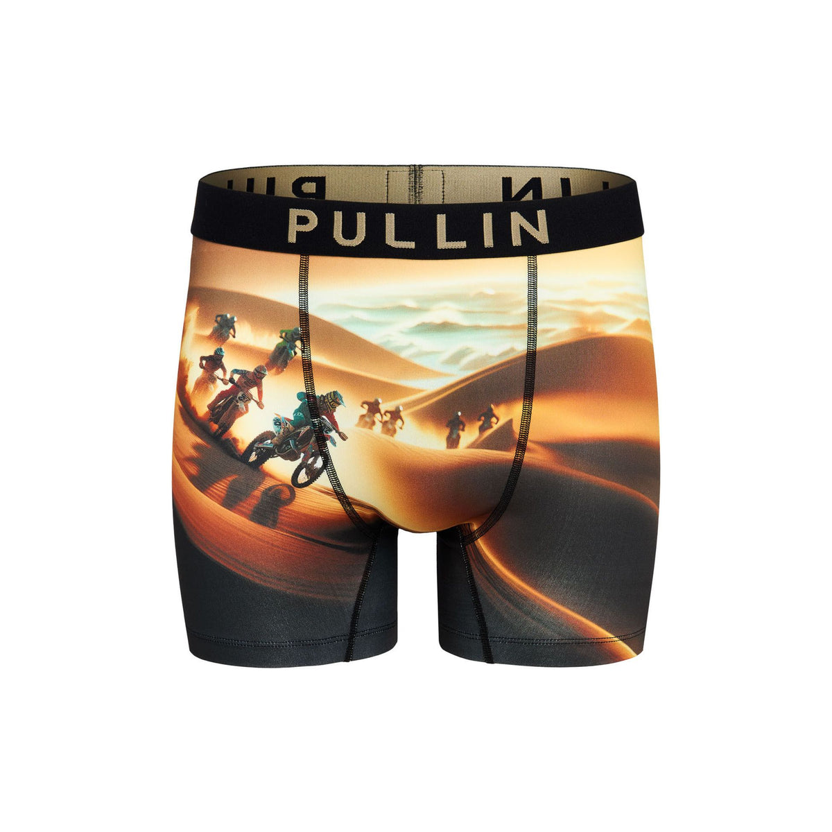 Pullin Fashion 2 Ronde des Sables boxer briefs with desert dunes print and motocross riders, black waistband.