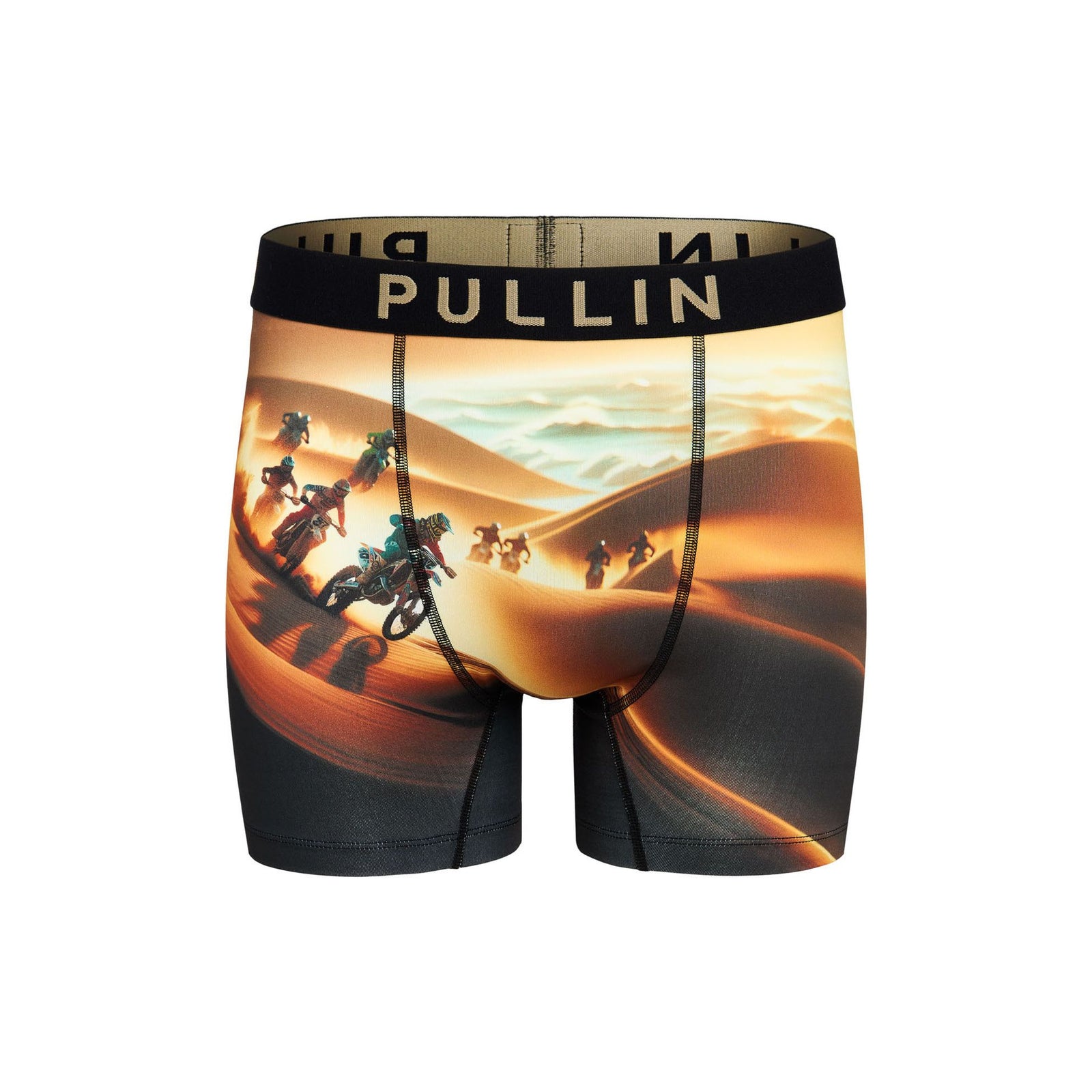Pullin Fashion 2 Ronde des Sables boxer briefs with desert dunes print and motocross riders, black waistband.
