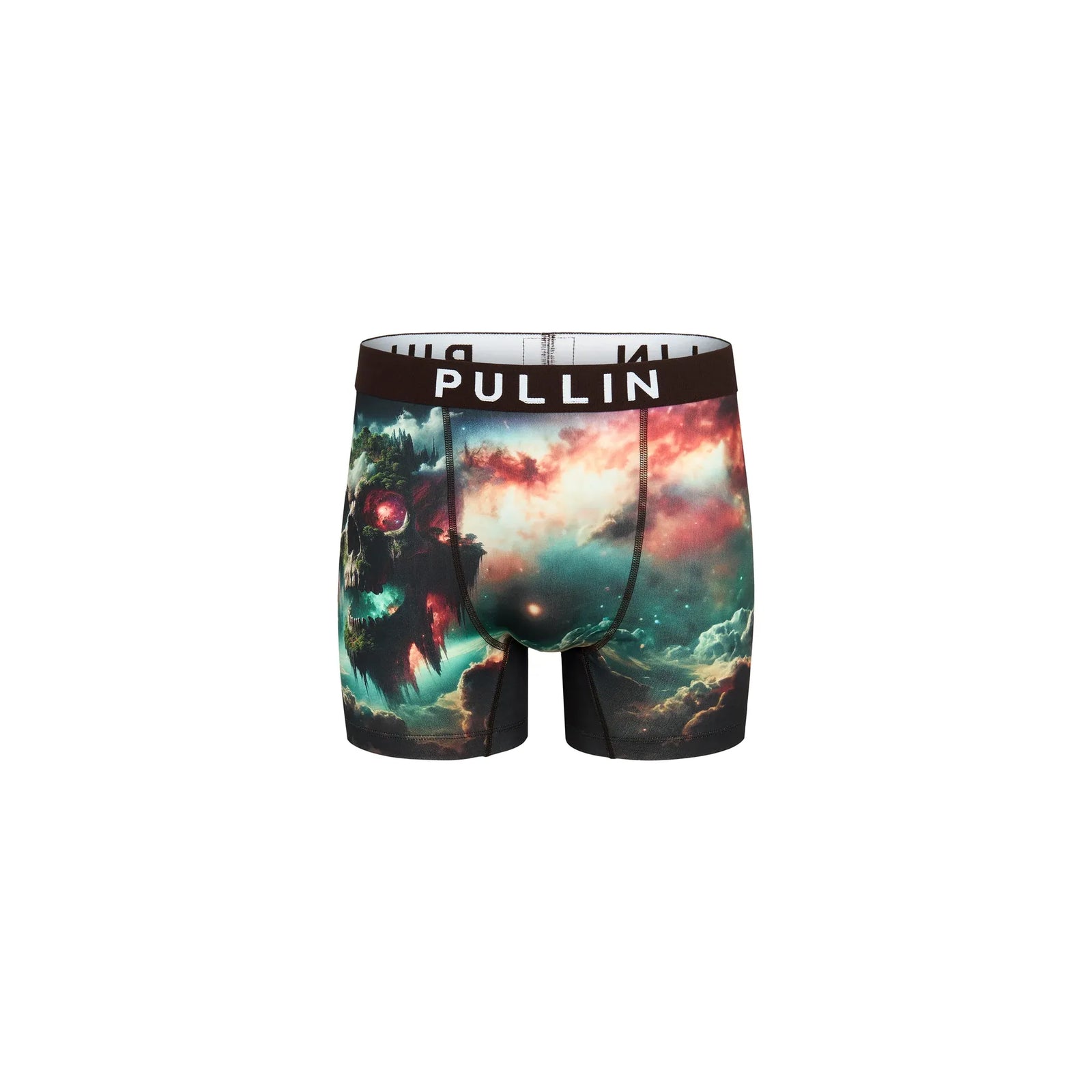 Pullin Fashion 2 Skyland Brief boxer shorts with cosmic skyland print, black waistband, long cut and flatlock seams.