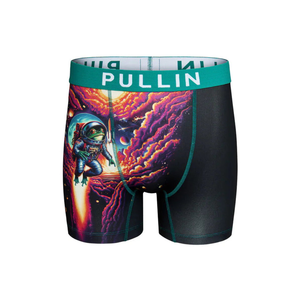 Pullin Fashion 2 Spacefrog boxer shorts with teal waistband and spacefrog artwork.