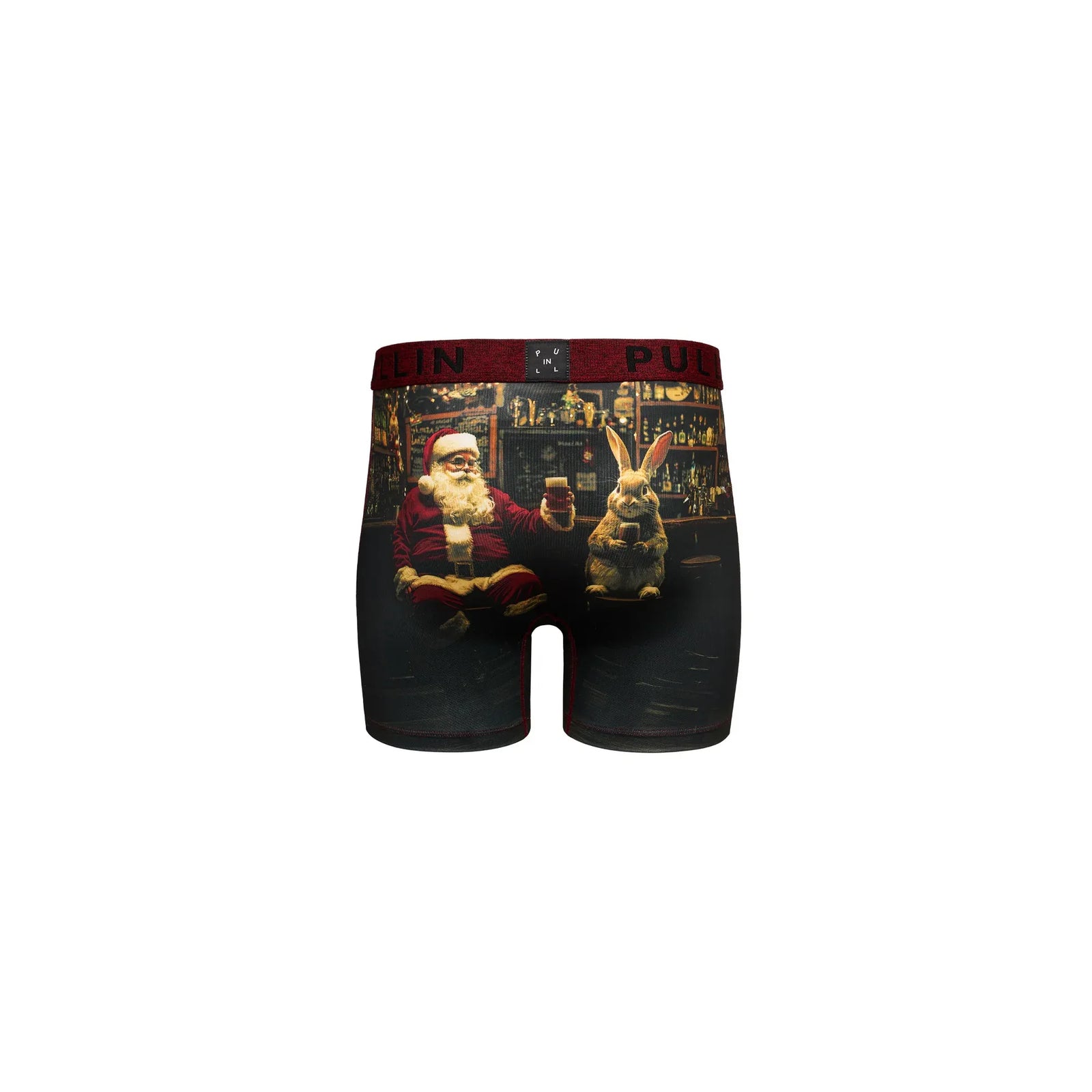 Pullin Fashion boxer shorts featuring a Santa Claus and rabbit drinking beer at a bar print with a red waistband.