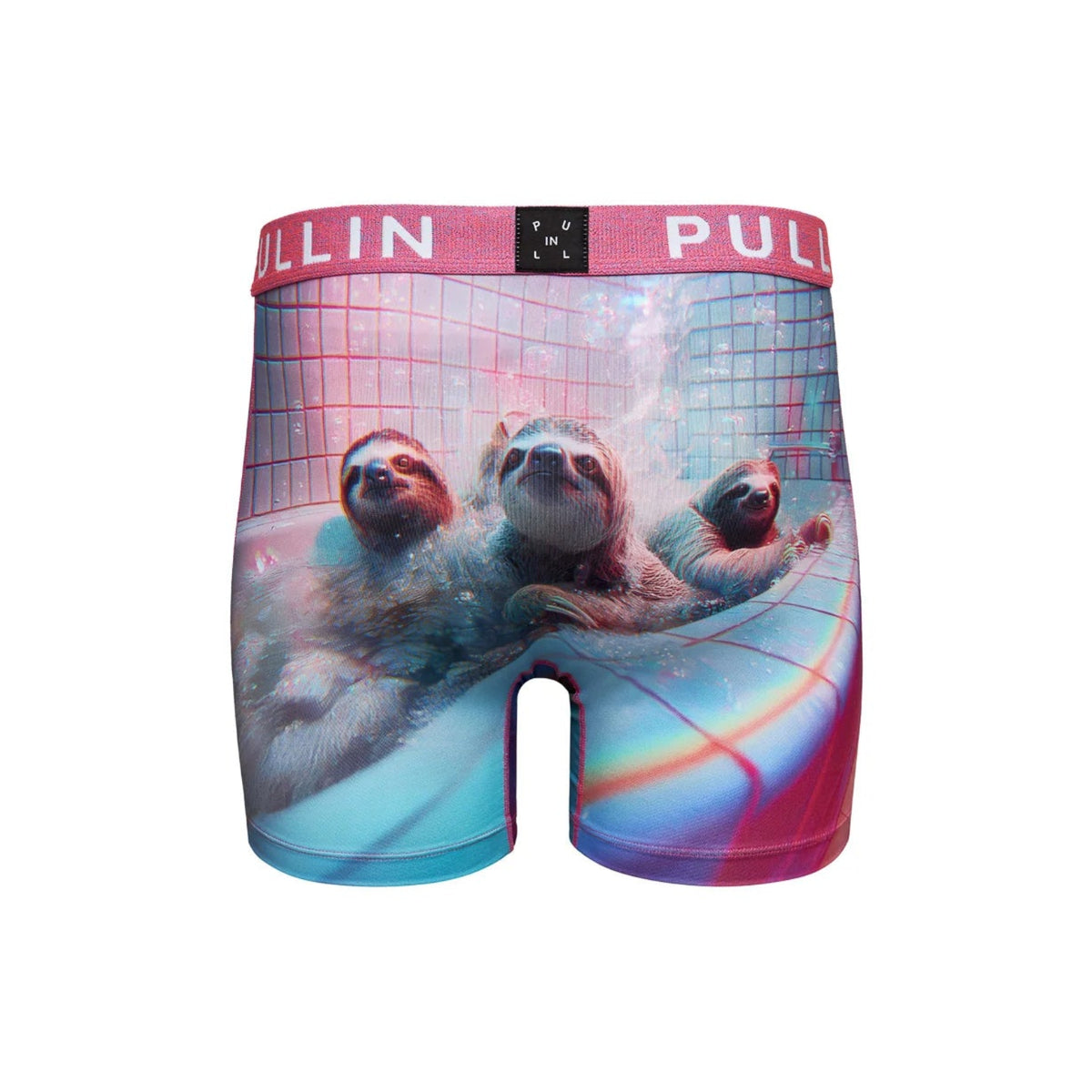 Pullin Fashion 2 Dudes Brief with pink waistband and three otters in a colorful pool print.