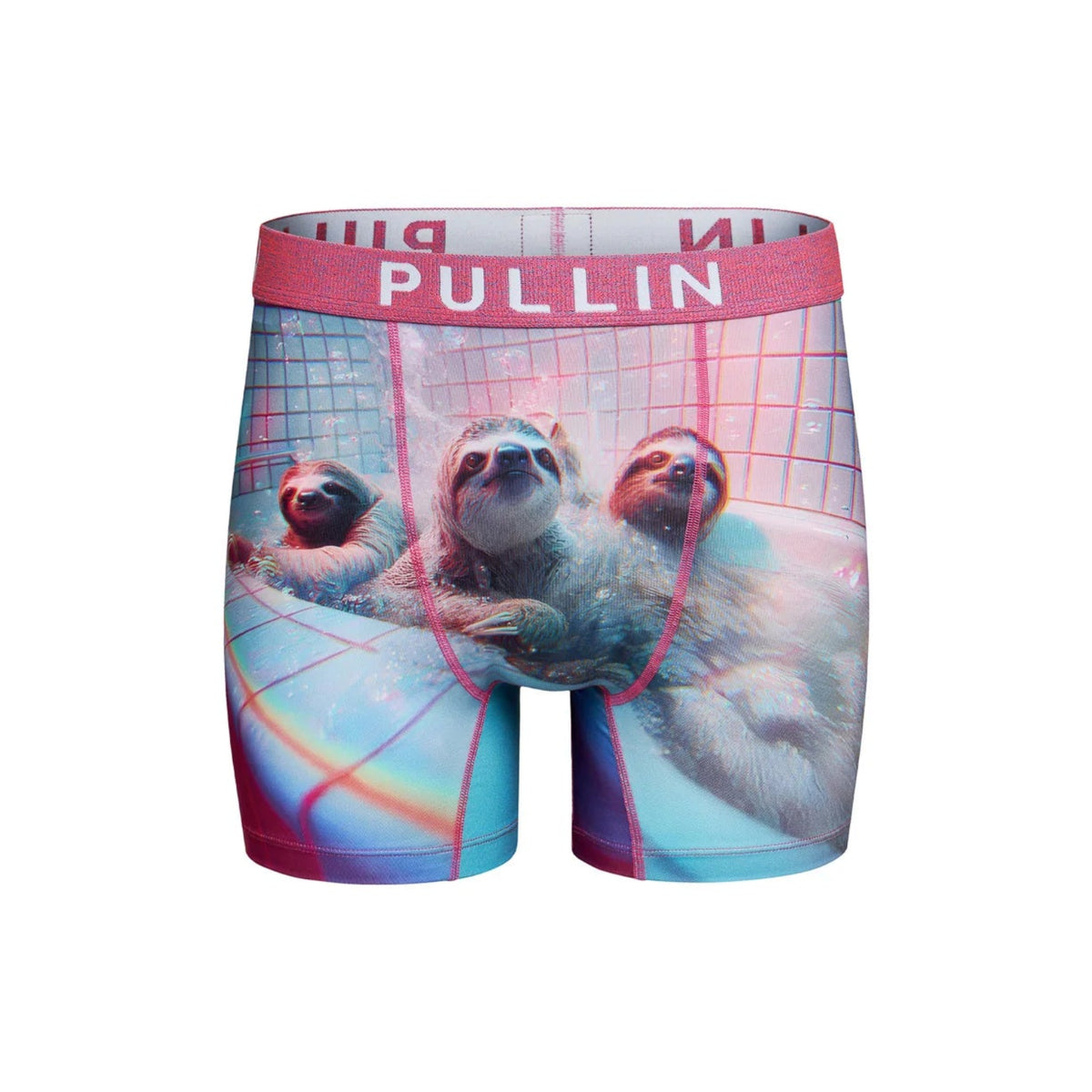 Pullin Fashion 2 Dudes Brief printed boxer shorts with pink waistband featuring sloths in a pool.