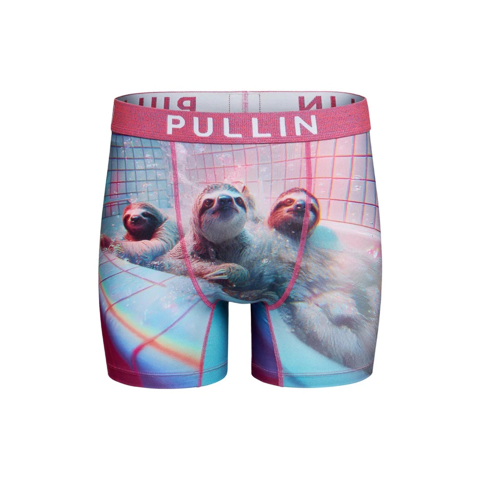 Pullin Fashion 2 Dudes Brief printed boxer shorts with pink waistband featuring sloths in a pool.
