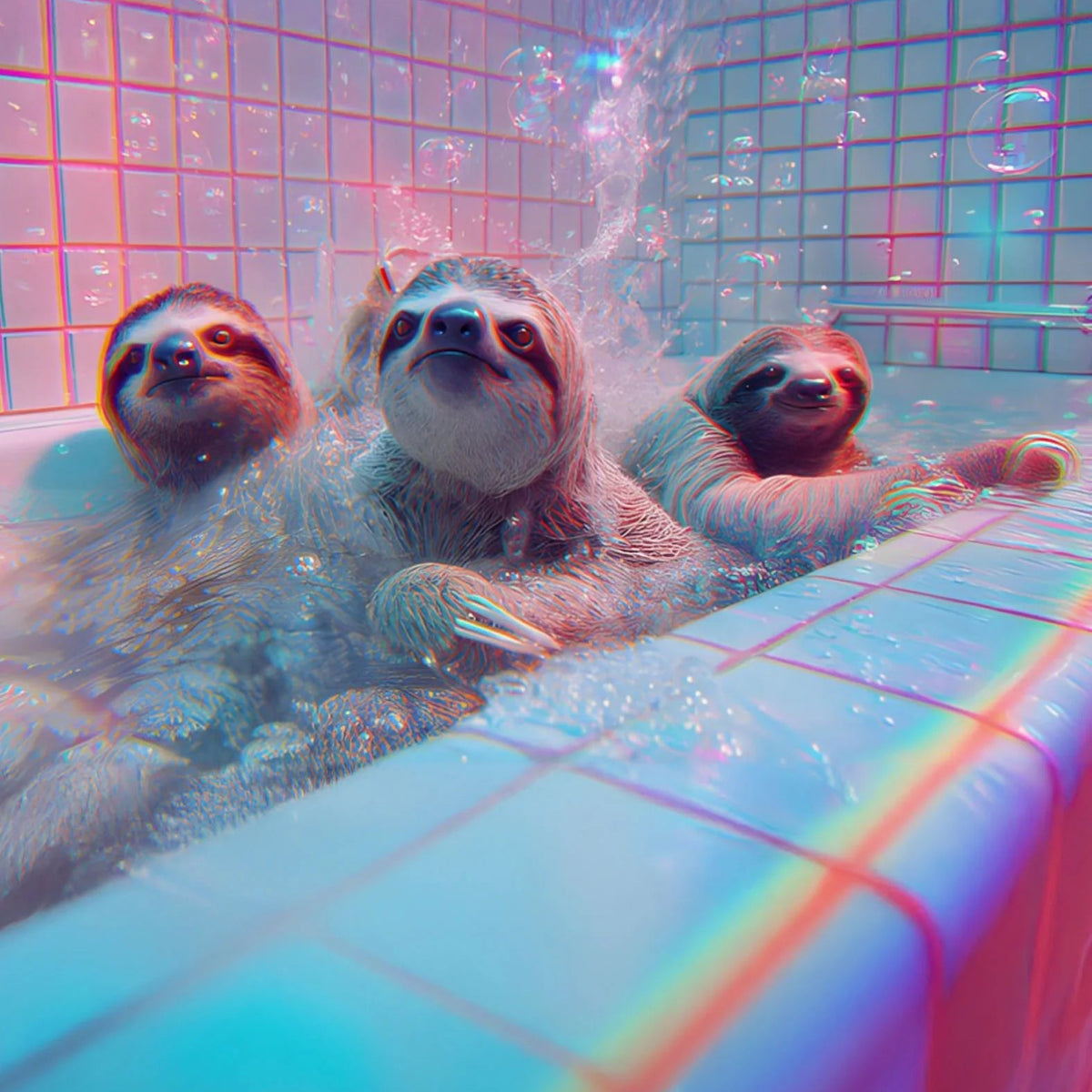 Three sloths lounging in a colorful pool with tiled walls and rainbow reflections.