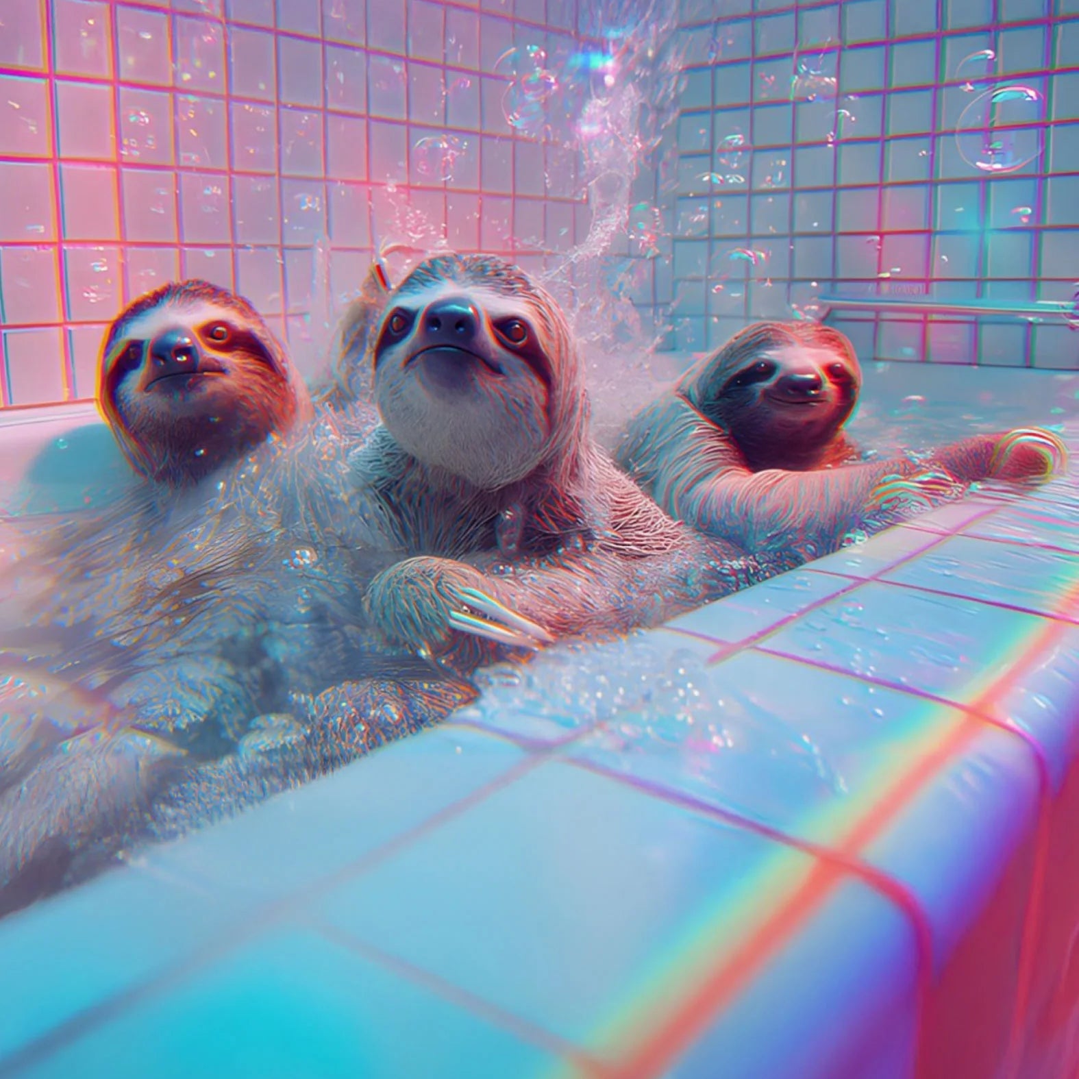 Three sloths lounging in a colorful pool with tiled walls and rainbow reflections.