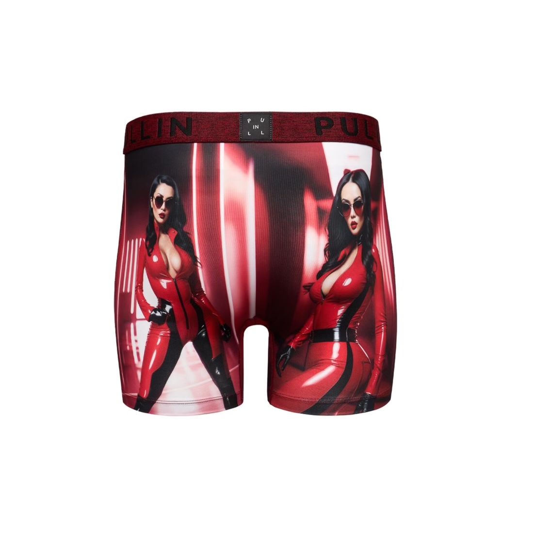 Pullin Fashion 2 Rouge Brief: long red latex-print boxer shorts with 40mm jacquard elastic waistband and back label.
