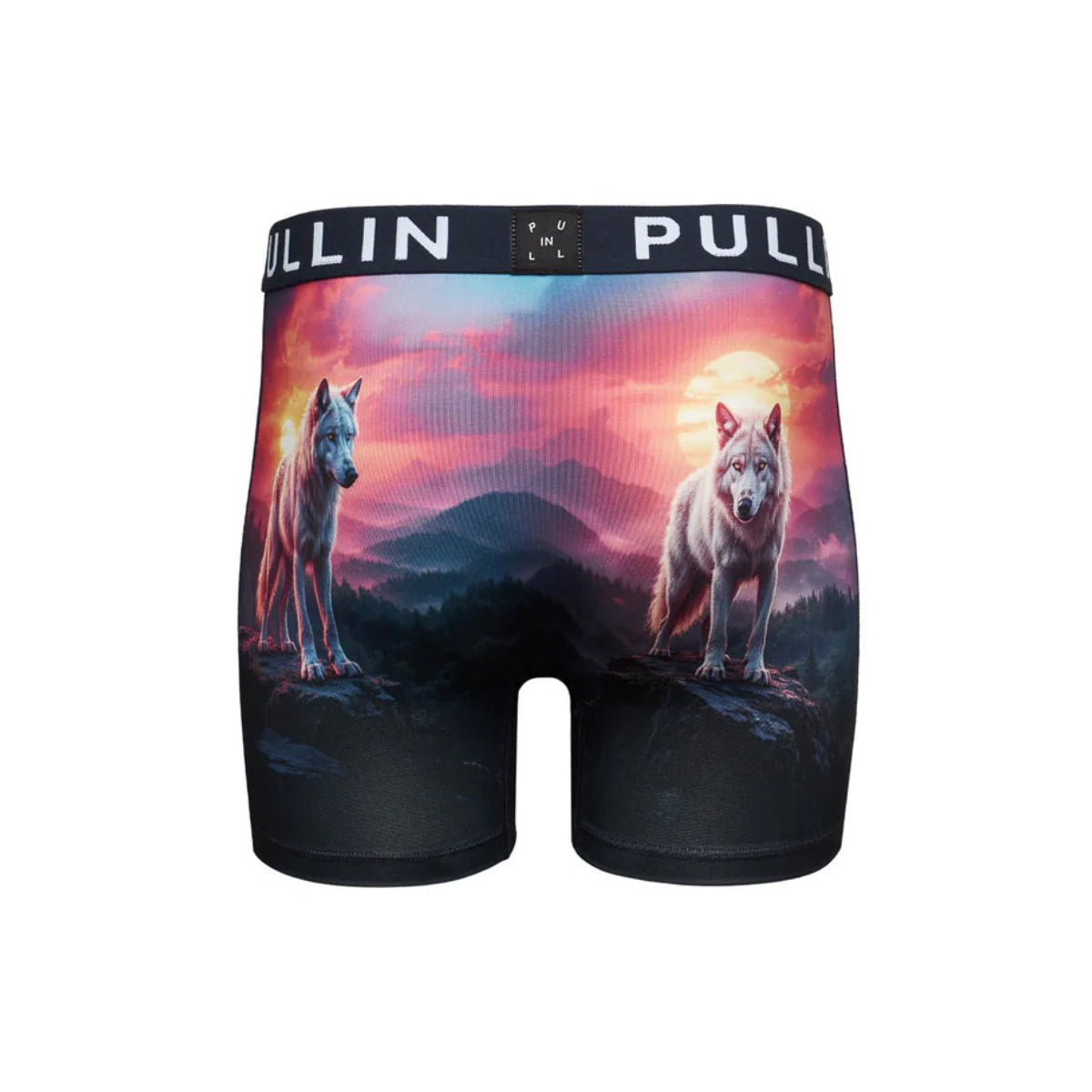 Pullin Fashion 2 Wolfen brief with wolf print on sunset landscape, long cut and wide 40mm jacquard elastic waistband.