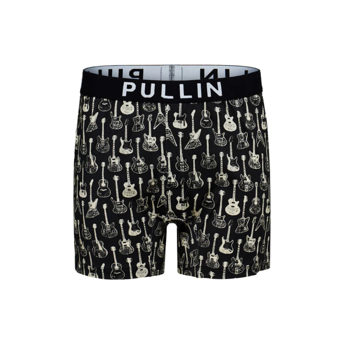 Pullin Lazy Rock loose boxer shorts with black guitar-print pattern and branded wide elastic waistband.