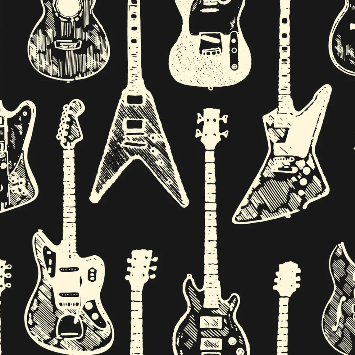 Pattern of white electric guitars and necks on a black background.