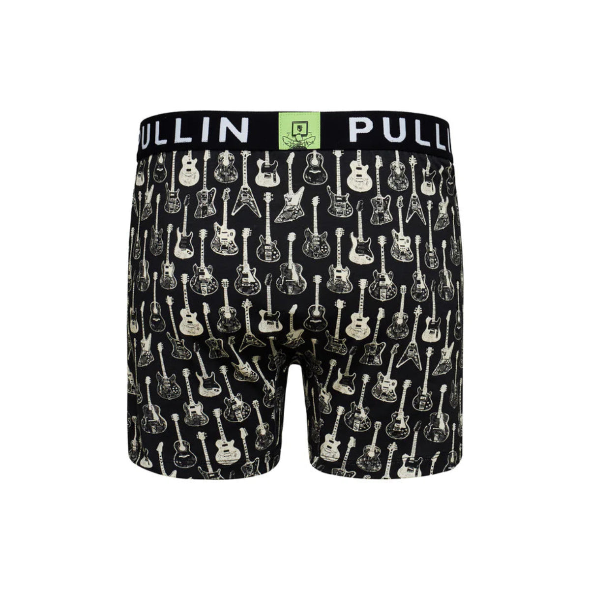Pullin Lazy Rock loose boxer shorts in black with white guitar print and a wide 40mm jacquard waistband.