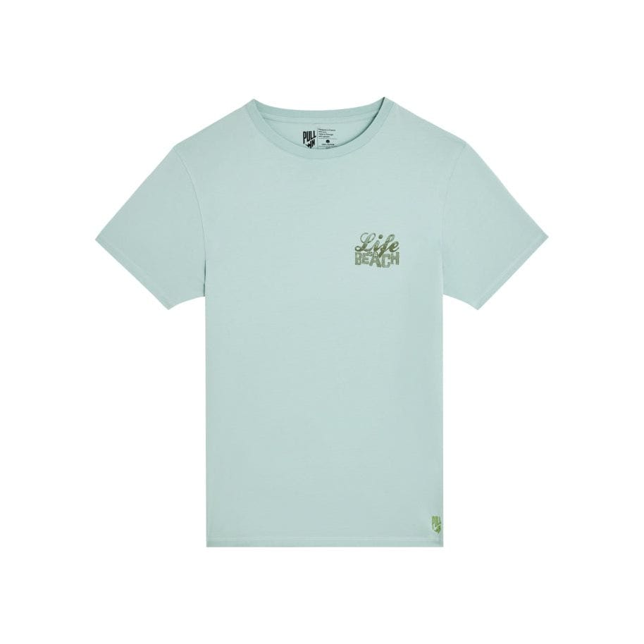 Light blue Pullin Life Tee with ribbed crew neck and short sleeves, perfect for casual wear.