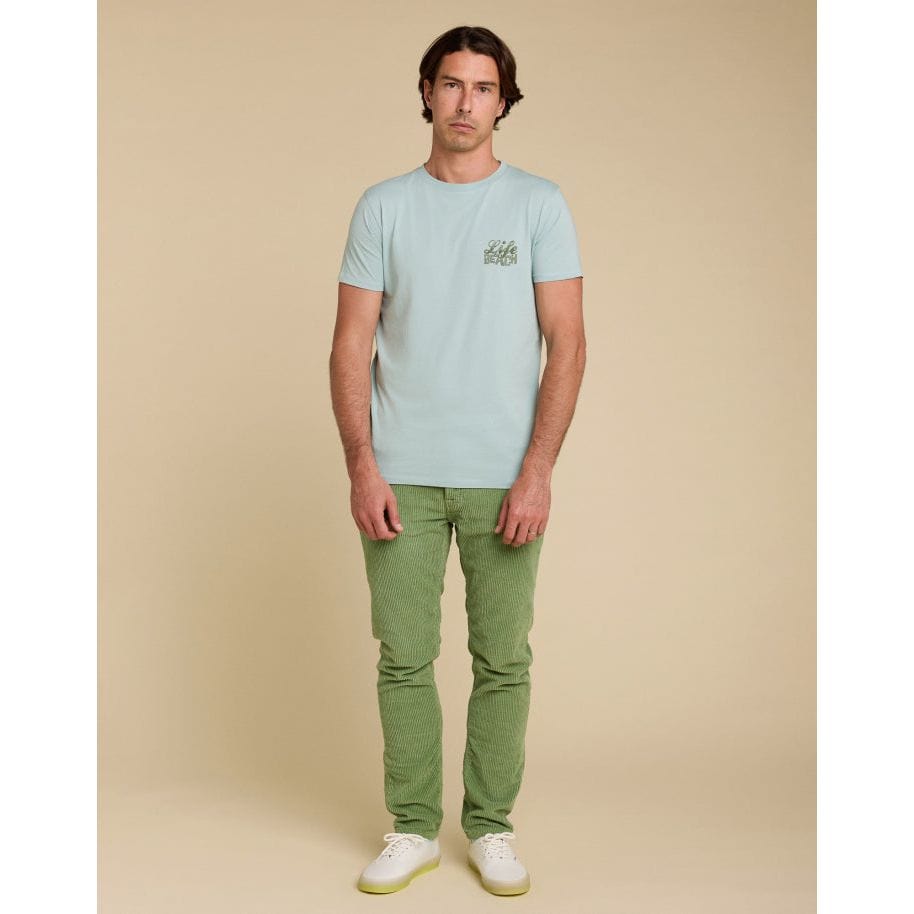 Light blue Pullin Life Tee featuring a ribbed crew neck and short sleeves, perfect for casual wear.