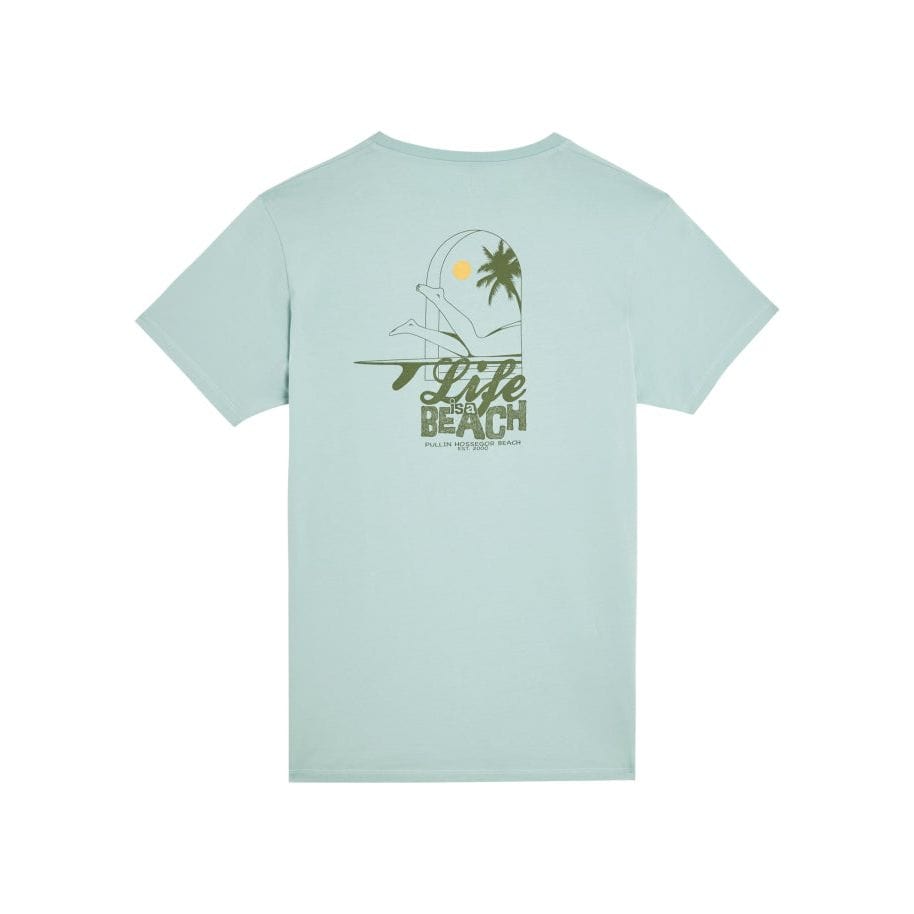 Pullin Life Tee in light blue, featuring a beach-themed design, perfect for casual wear. 100% cotton comfort.