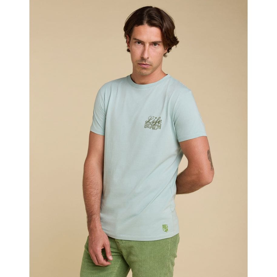 Light blue Pullin Life Tee features a ribbed crew neck and short sleeves, perfect for casual summer wear.