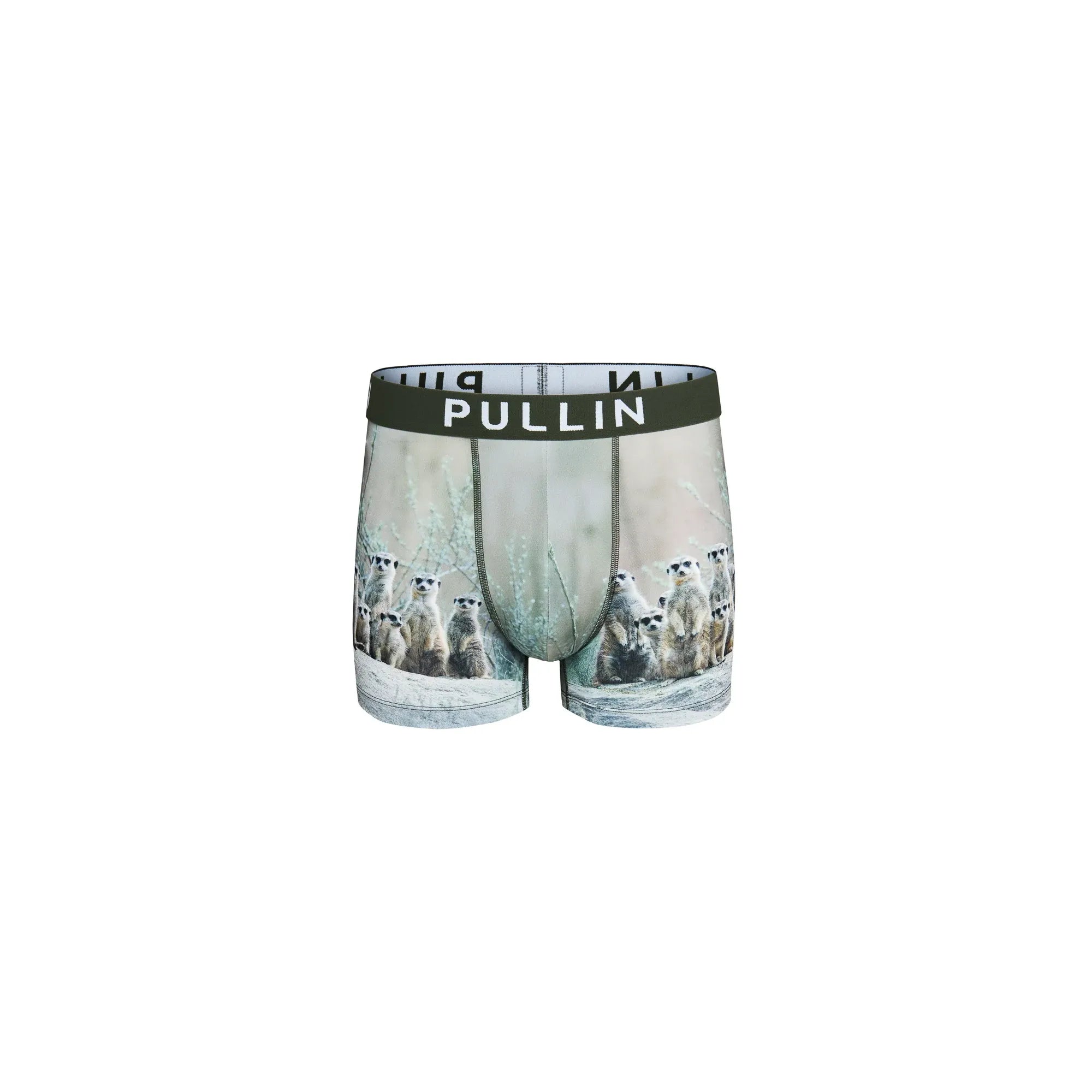 Pullin Master Ouou boxer brief with meerkat print, black 40mm jacquard waistband, PULLIN, front pocket, flatlock seams.