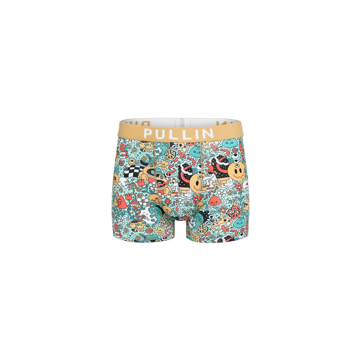 Pullin Master Amio boxer briefs with tan waistband and colorful cartoon graphic print.