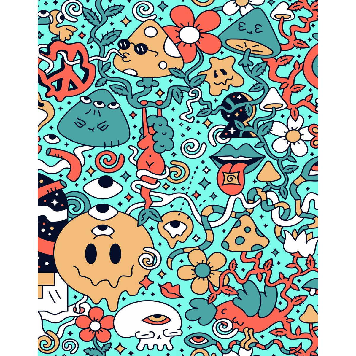 Pullin Master Amio Boxer Brief print: all-over doodle pattern with mushrooms, skulls, flowers on teal.