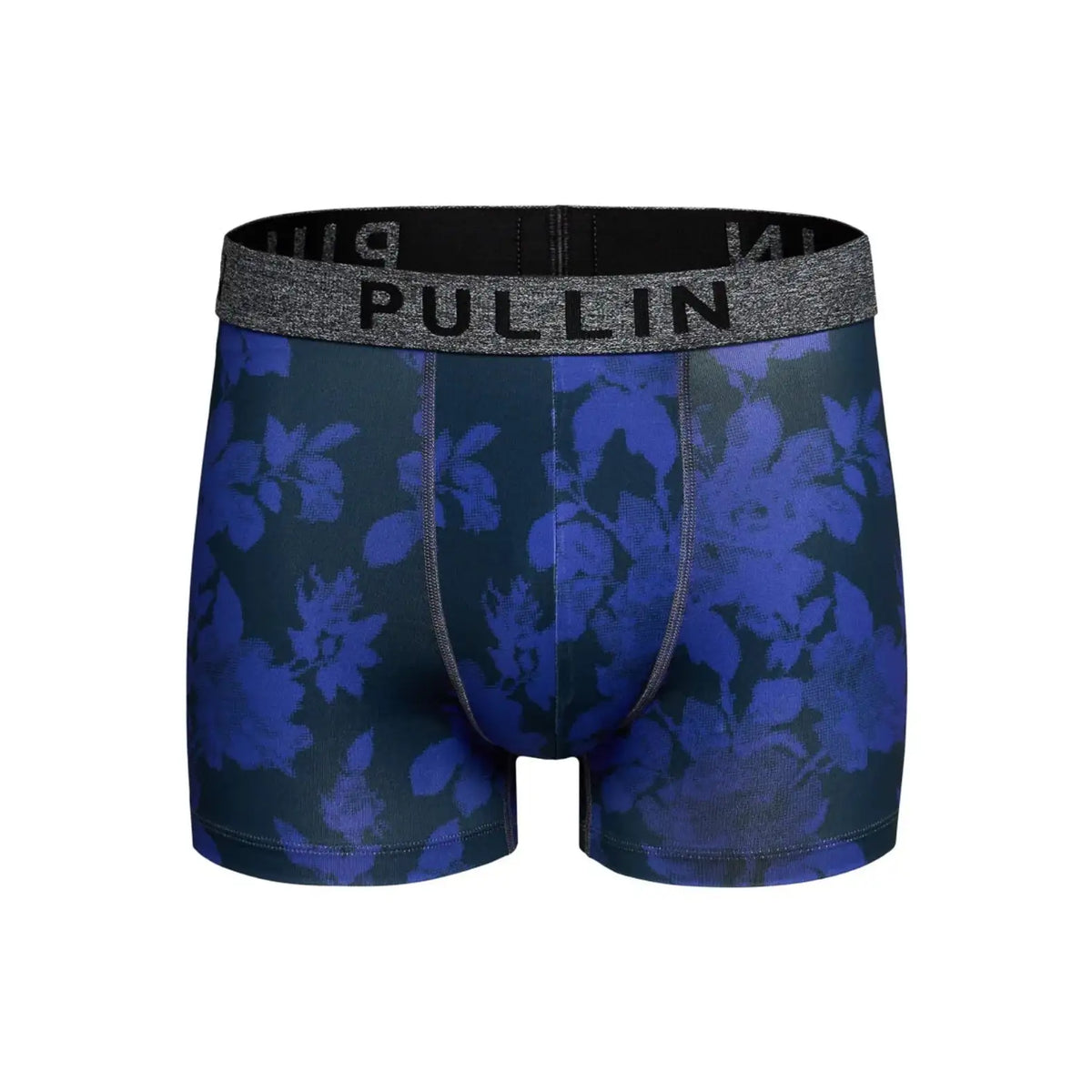 Pullin Master printed boxer briefs featuring blue floral pattern, front pocket, and wide elastic waistband for comfort and support.