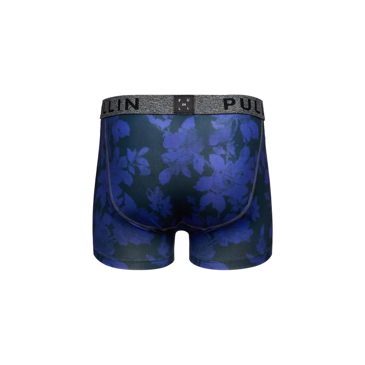 Back view of blue floral Pullin Master Andy boxer briefs featuring shaped back panel and wide branded elastic waistband.