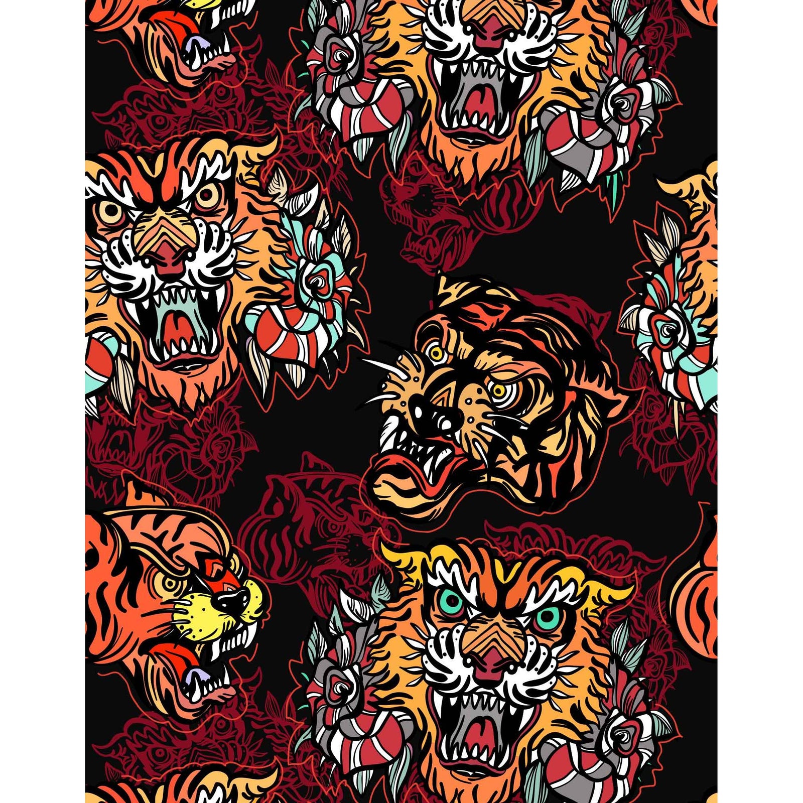 Pullin Master Kung boxer briefs with multicolor tiger print on black fabric and 40mm Jacquard red waistband.