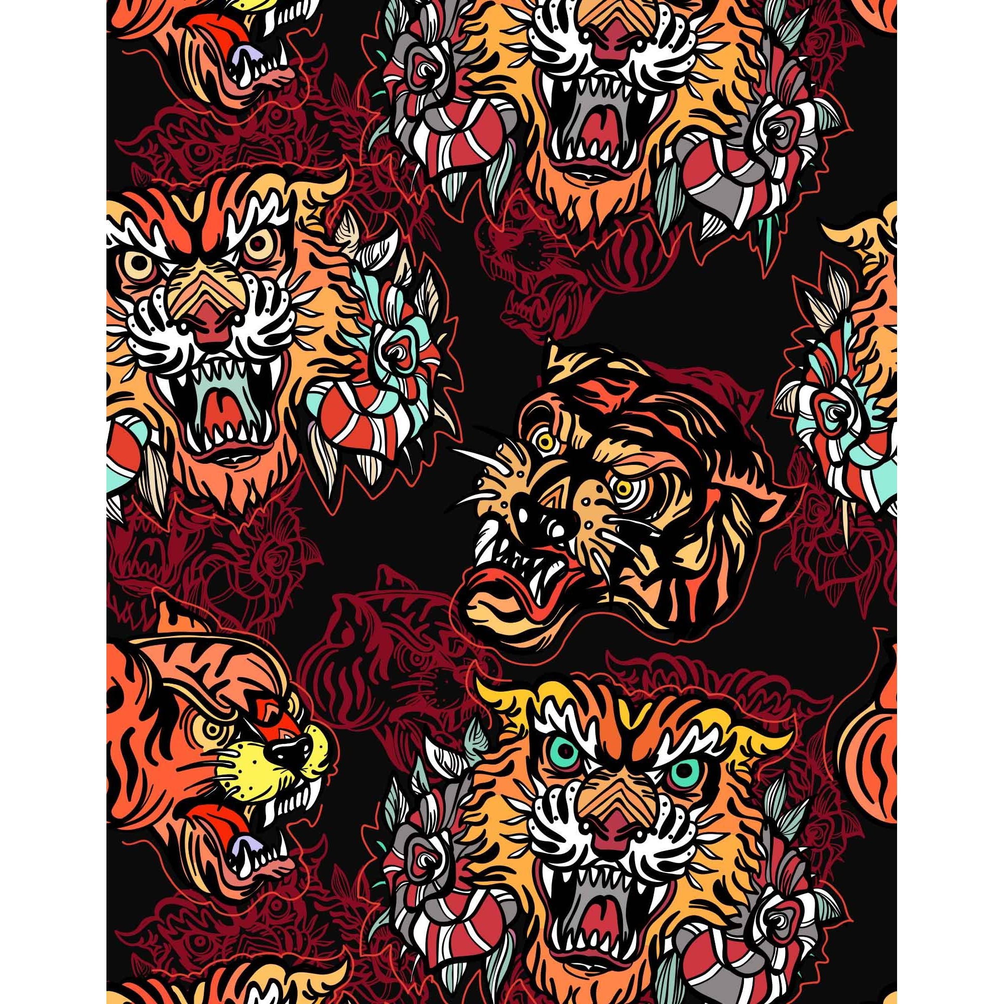 Pullin Master Kung boxer briefs with multicolor tiger print on black fabric and 40mm Jacquard red waistband.