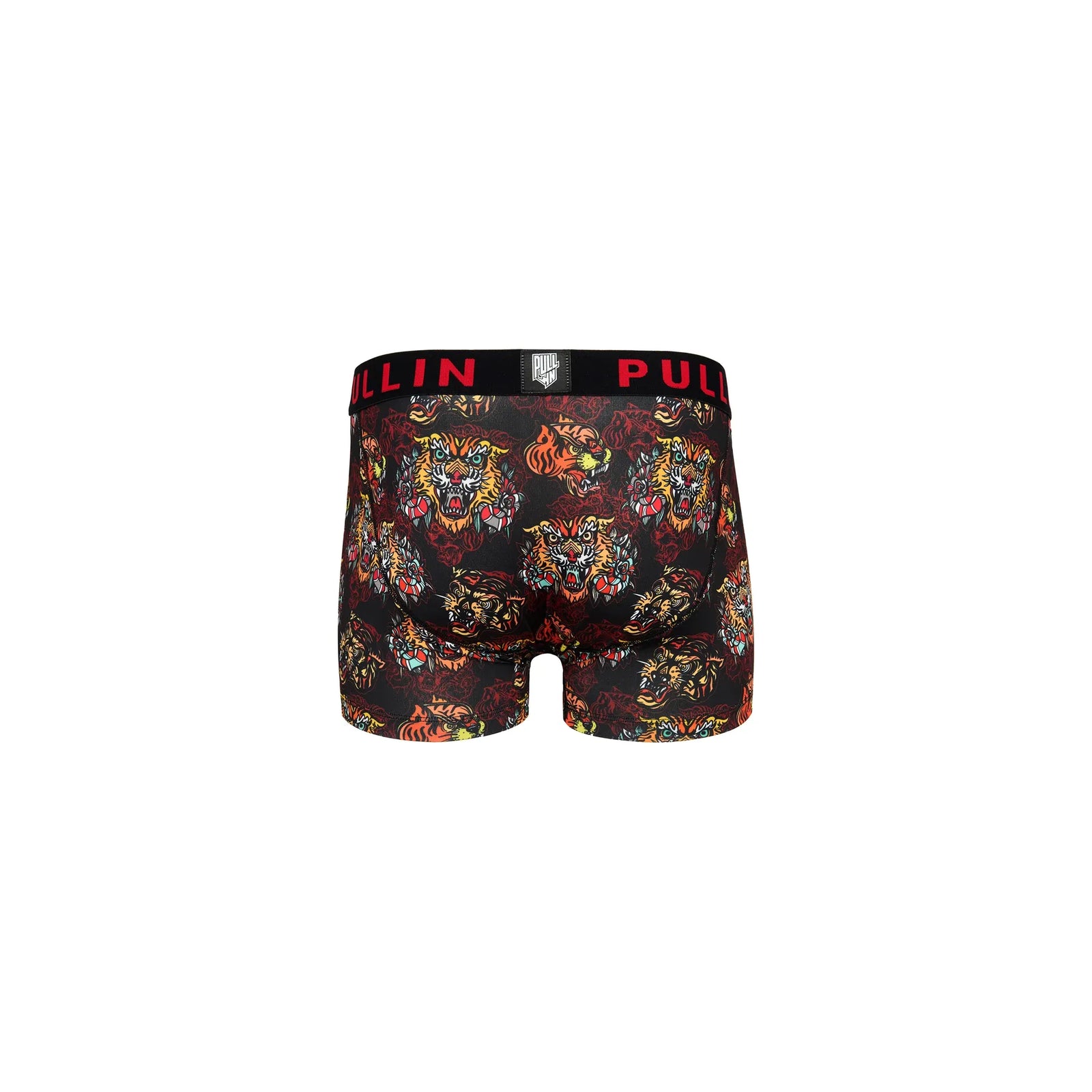 Pullin Master Kung boxer briefs with all-over tiger head print and black elastic waistband.