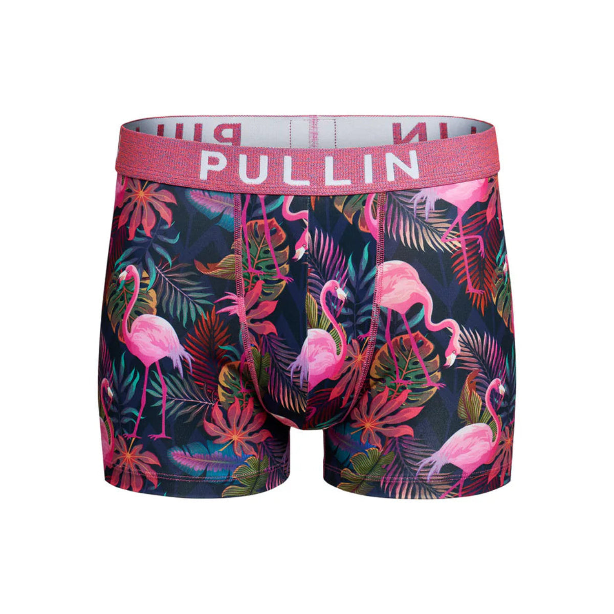 Pullin Master Pinkou boxer brief with tropical flamingo print, pink waistband, front pocket, and flatlock seams.