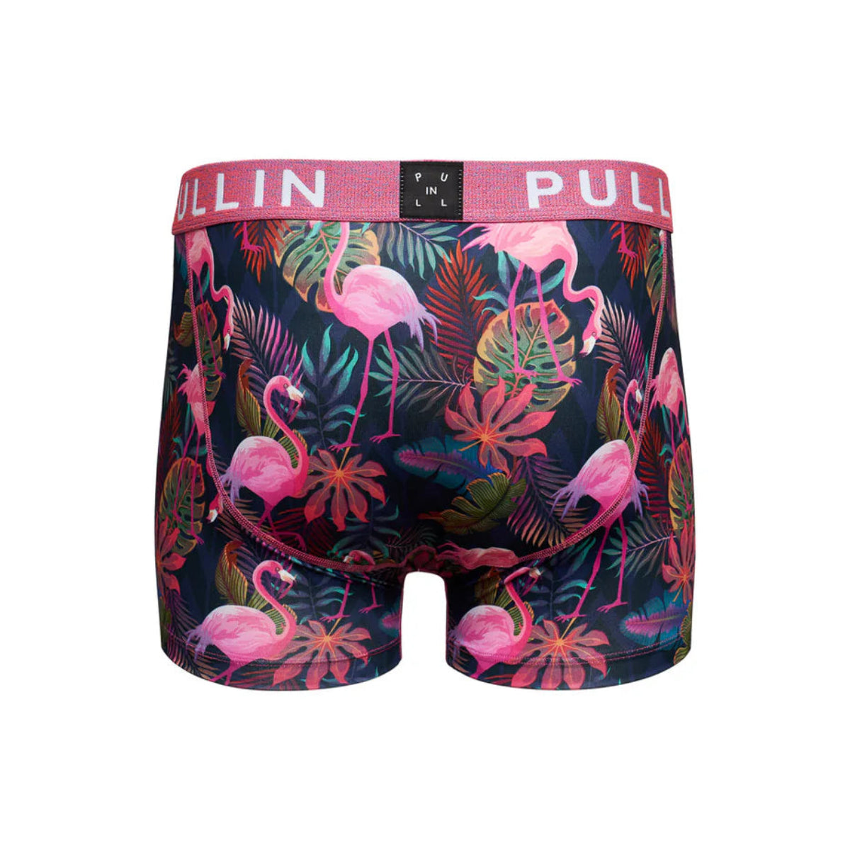 Pullin Master Pinkou boxer briefs in navy with tropical flamingo print and pink 40mm Jacquard waistband.