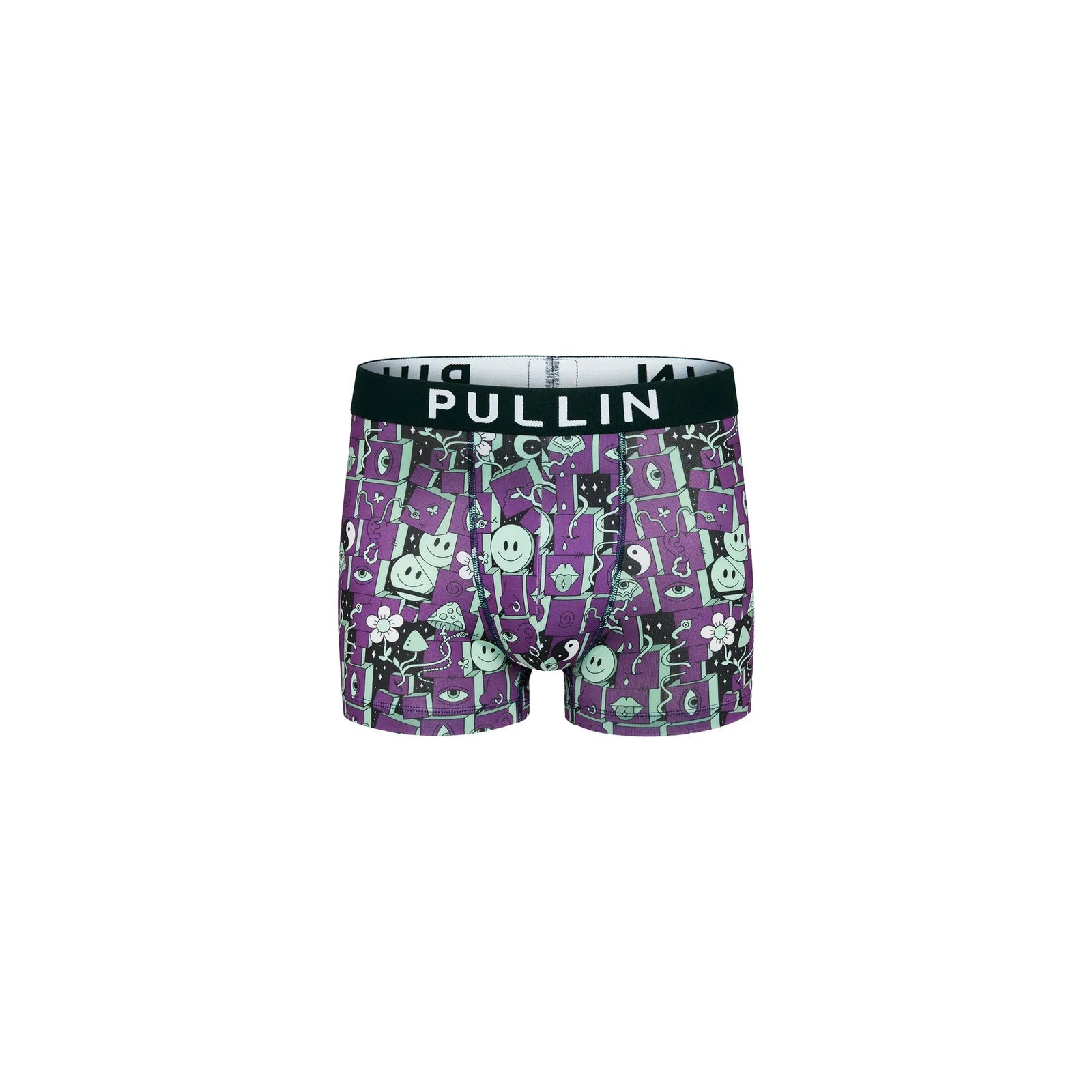 Pullin Master Psyky boxer briefs with purple-green print and black waistband bearing PULLIN.
