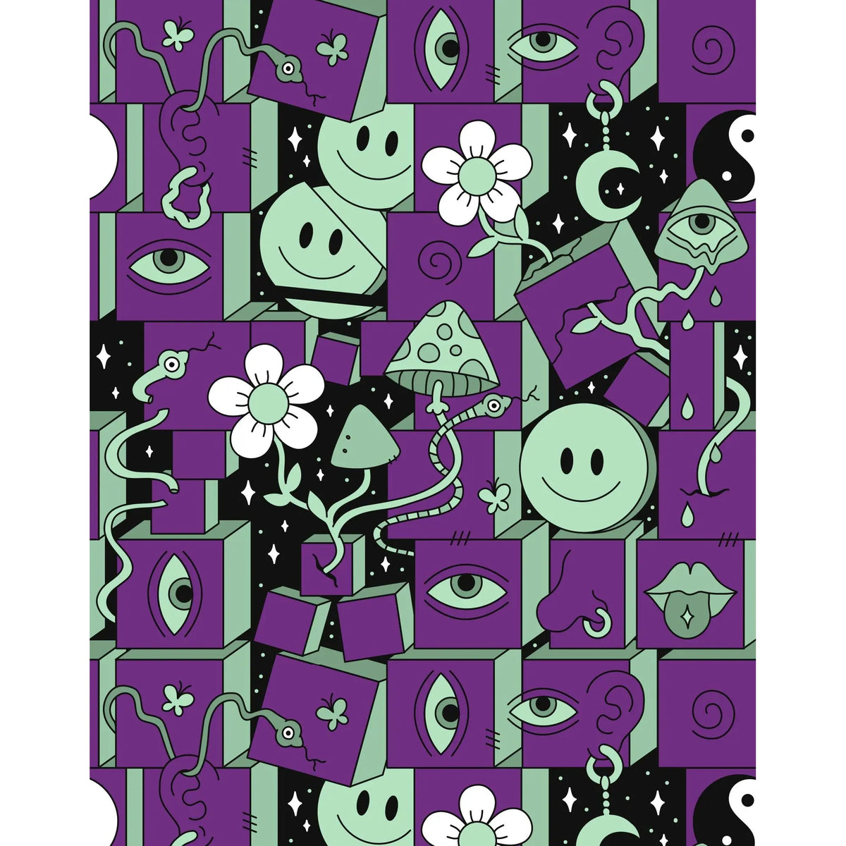 Psychedelic pattern of purple and mint green cubes featuring eyes, faces, flowers, moons, and mushrooms.