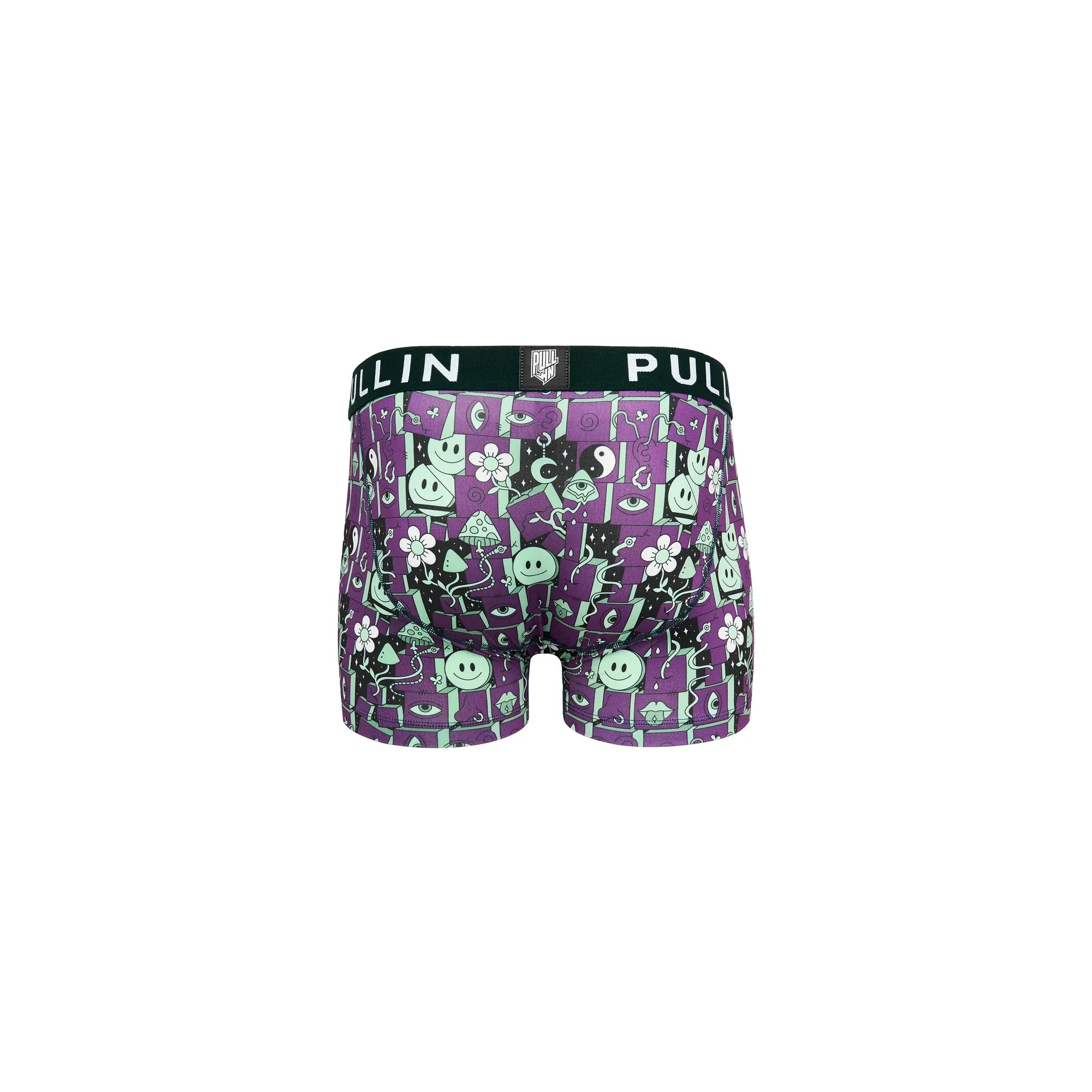 Back view of Pullin Master Psyky boxer brief in purple-green Psyky print with wide 40mm elastic waistband.