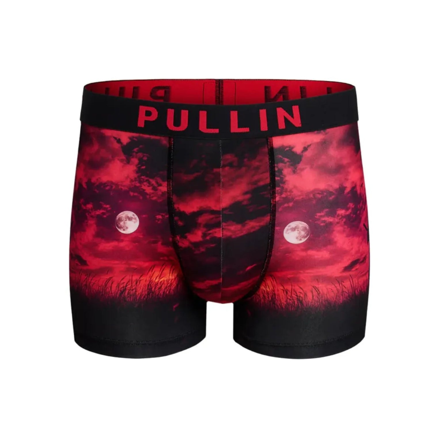 Pullin Master Samurai boxer briefs with a red moonlit landscape print and a wide 40mm jacquard waistband.