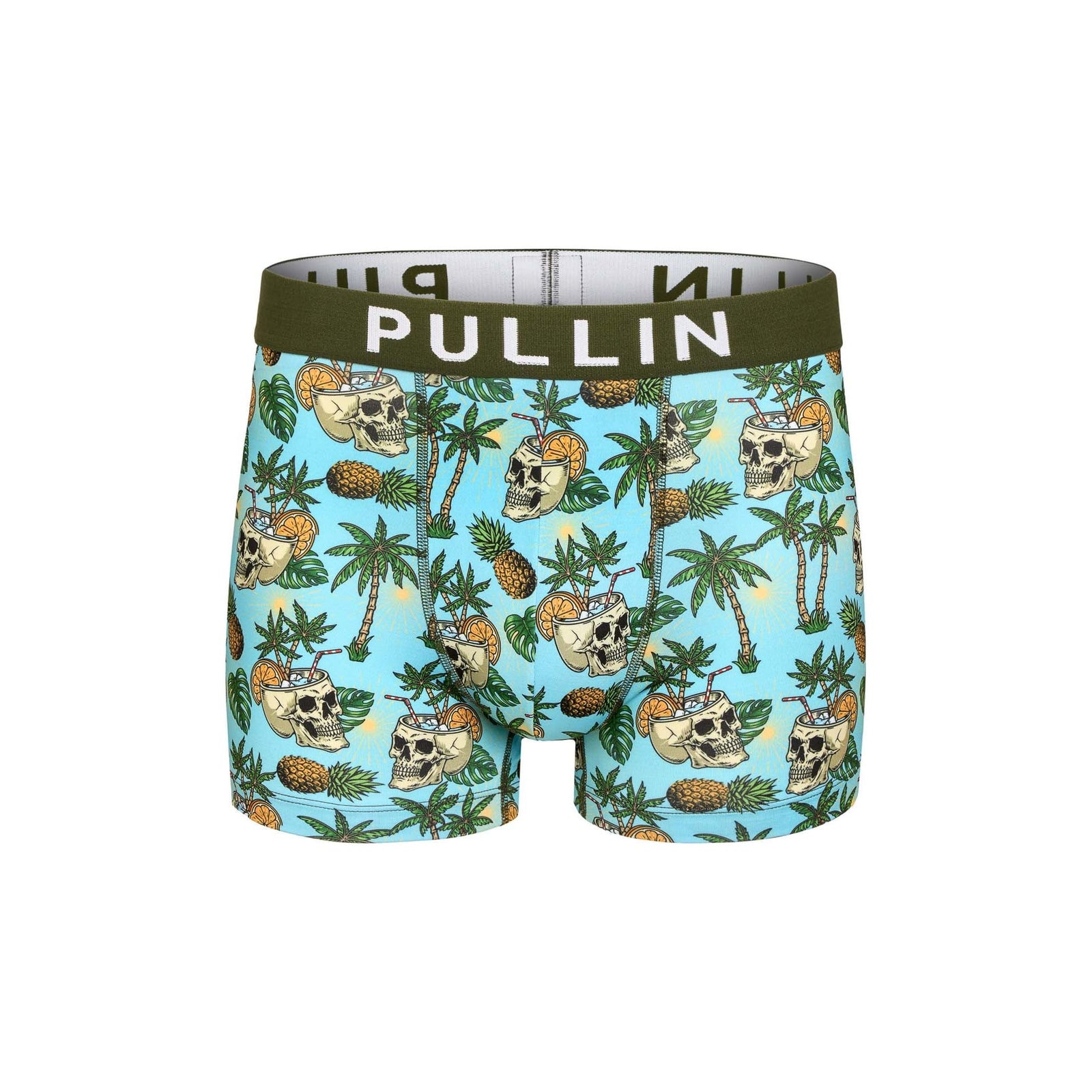 Colorful Pullin Master Skucock Boxer Brief featuring a skull and palm tree design, made for comfort and style.