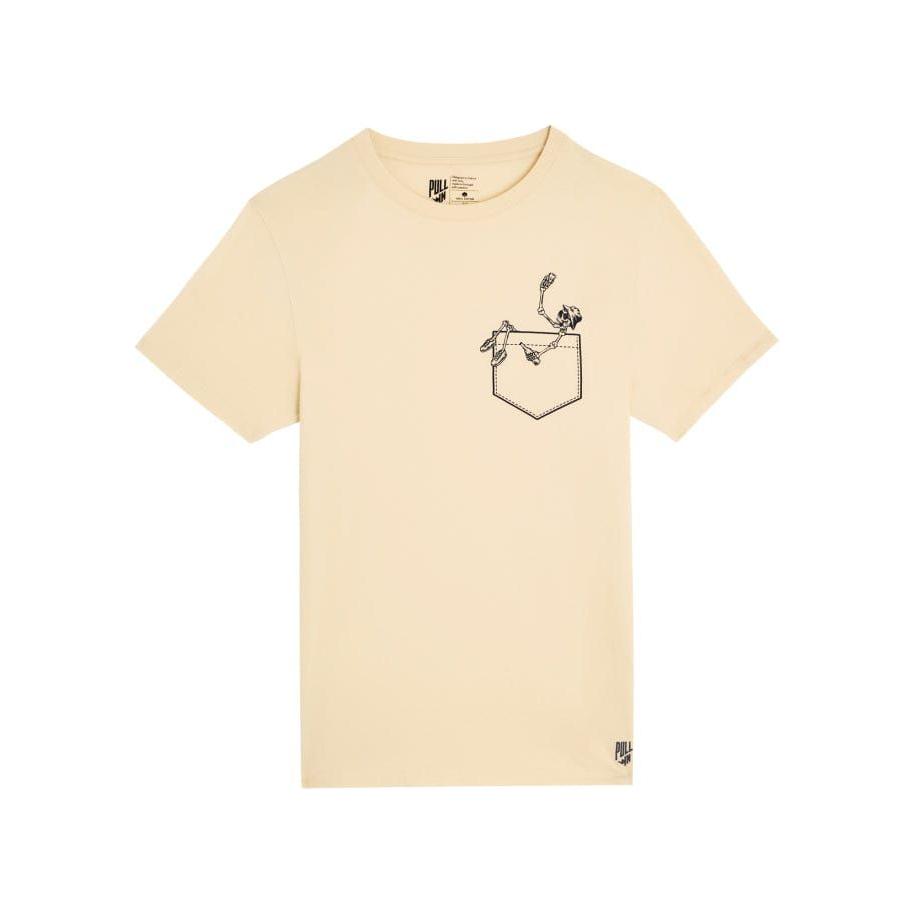 Beige Pullin Tchin Tee featuring a ribbed crew neck and pocket design, perfect for casual style and comfort.