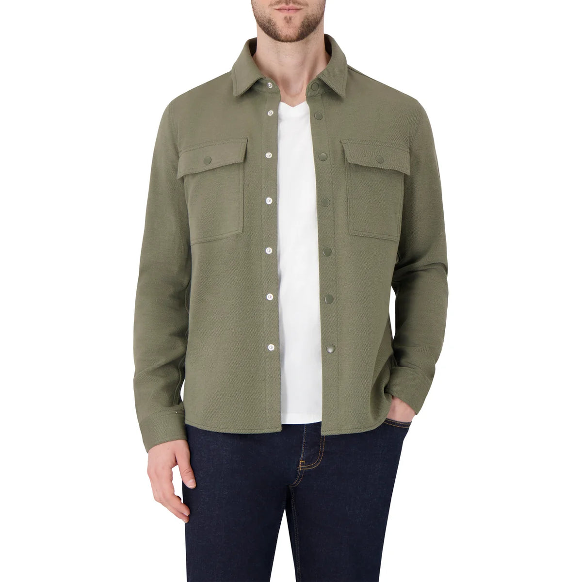 Men's olive green twill overshirt with two chest pockets, worn open over a white tee for structured, casual layering.