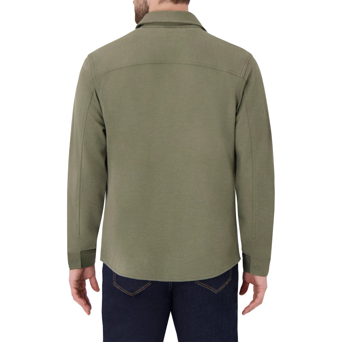 Back view of olive green twill overshirt featuring structured tailoring, long sleeves, and a curved hem for versatile layering.