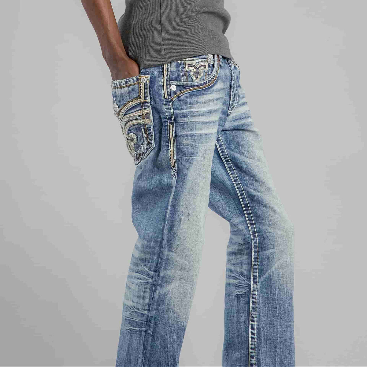 Rock Revival Andrew B200 Bootcut jeans in medium blue stretch denim with ornate back-pocket embroidery.