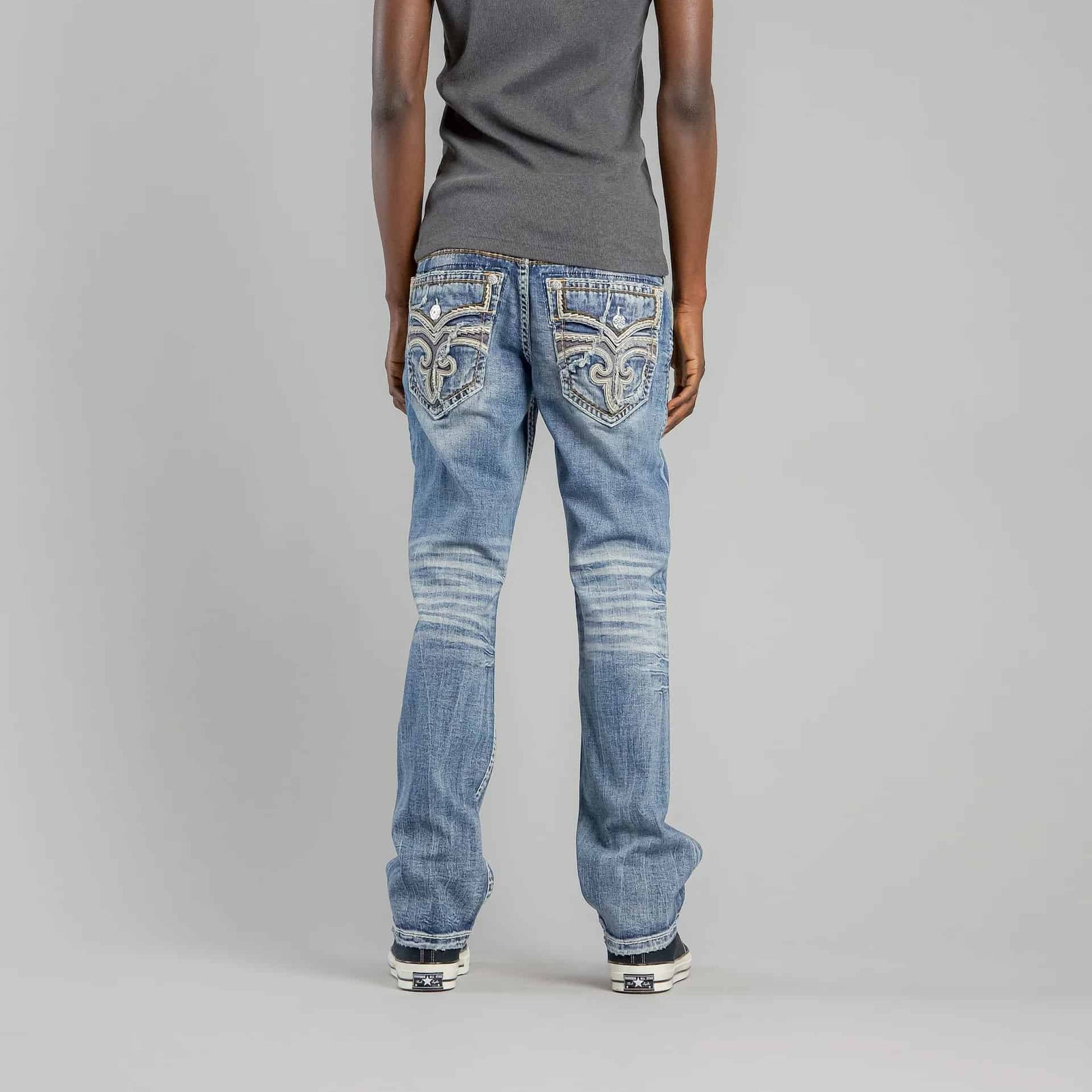 Rock Revival Andrew B200 Bootcut jeans in a medium blue wash with stretch denim and ornate back-pocket embroidery.