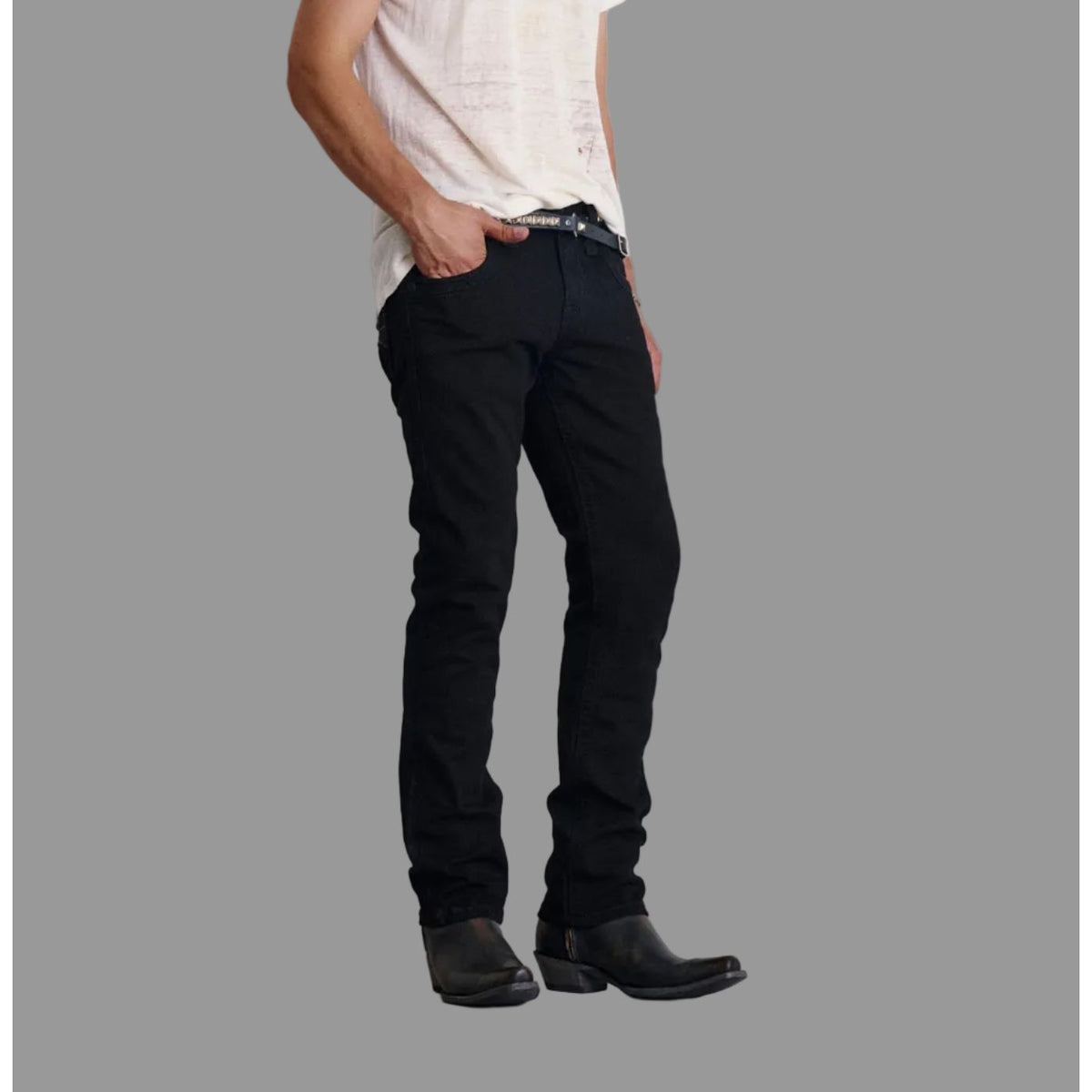 Rock Revival Arther J200 Straight jeans in black with matte hardware and tonal fleur de lis back pockets.