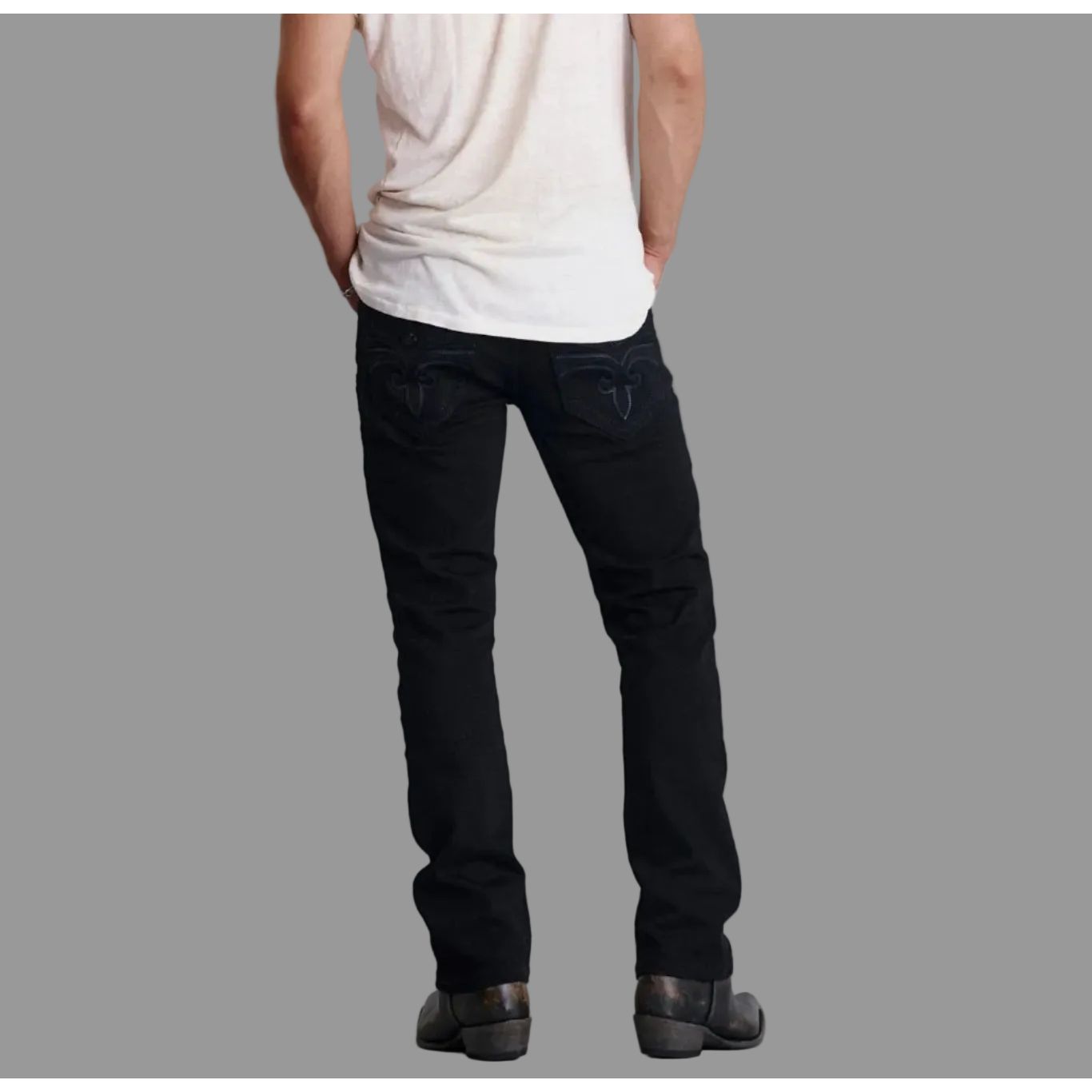 Rock Revival Arther J200 Straight jeans in black with matte hardware and tonal fleur de lis back pockets.