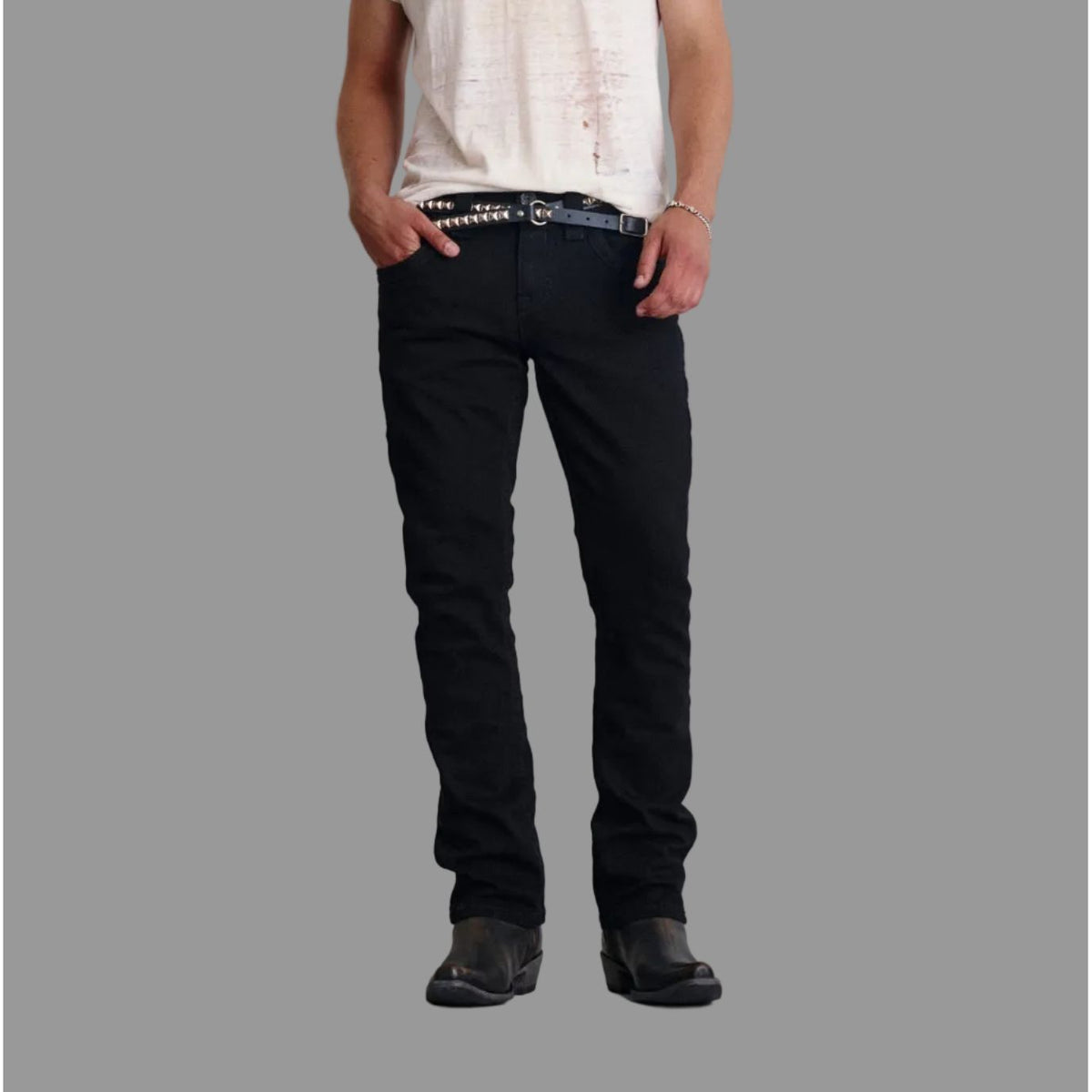 Rock Revival Arther J200 Straight jeans in black with matte hardware and tonal fleur de lis back pockets.