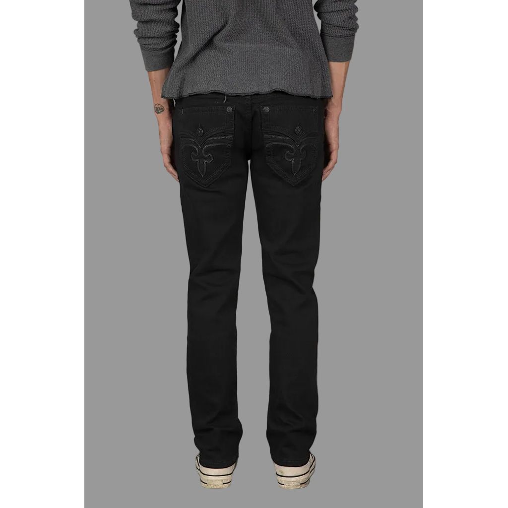 Rock Revival Arther J200 Straight jeans in black with hardware and tonal fleur-de-lis embroidery on back pockets.