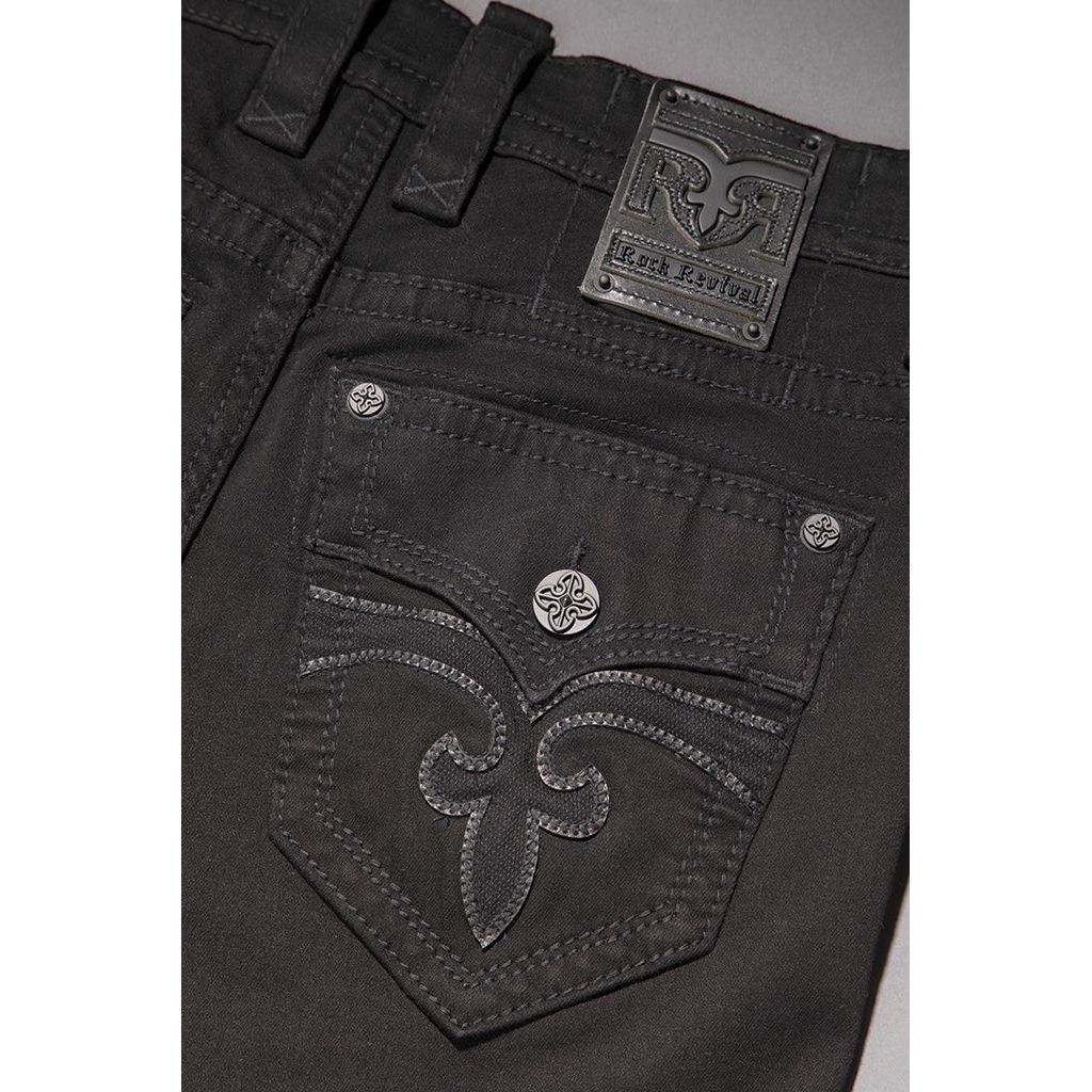 Rock Revival Arther J200 Straight jeans with tonal fleur-de-lis back pocket embroidery and matte black hardware.