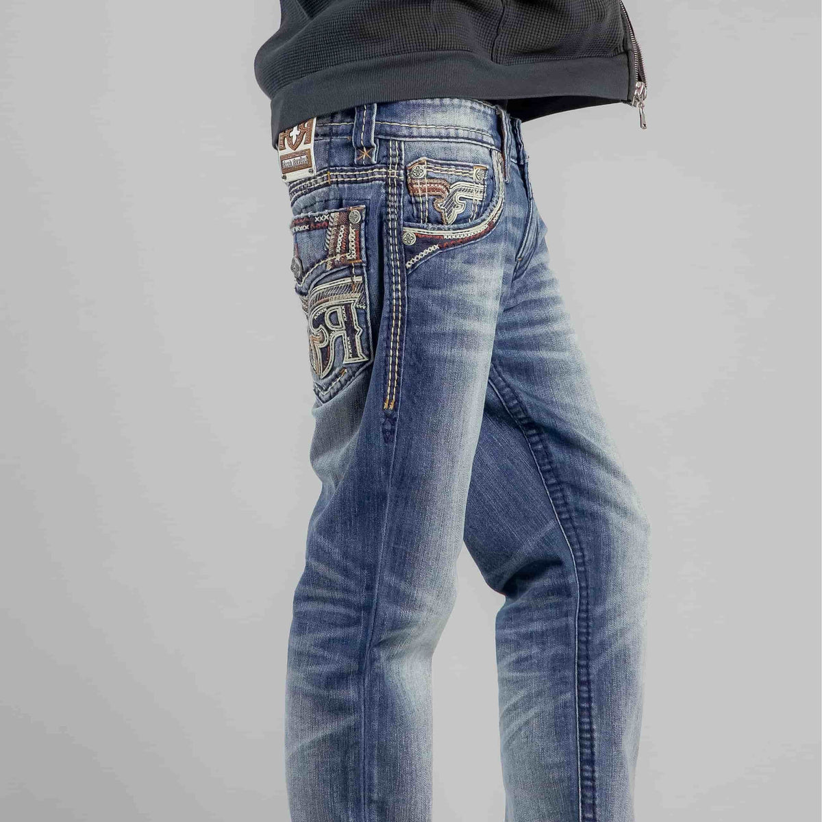 Rock Revival Bexton J202 Straight Denim with fleur-de-lis embroidery, vintage blue wash, patchwork pockets.